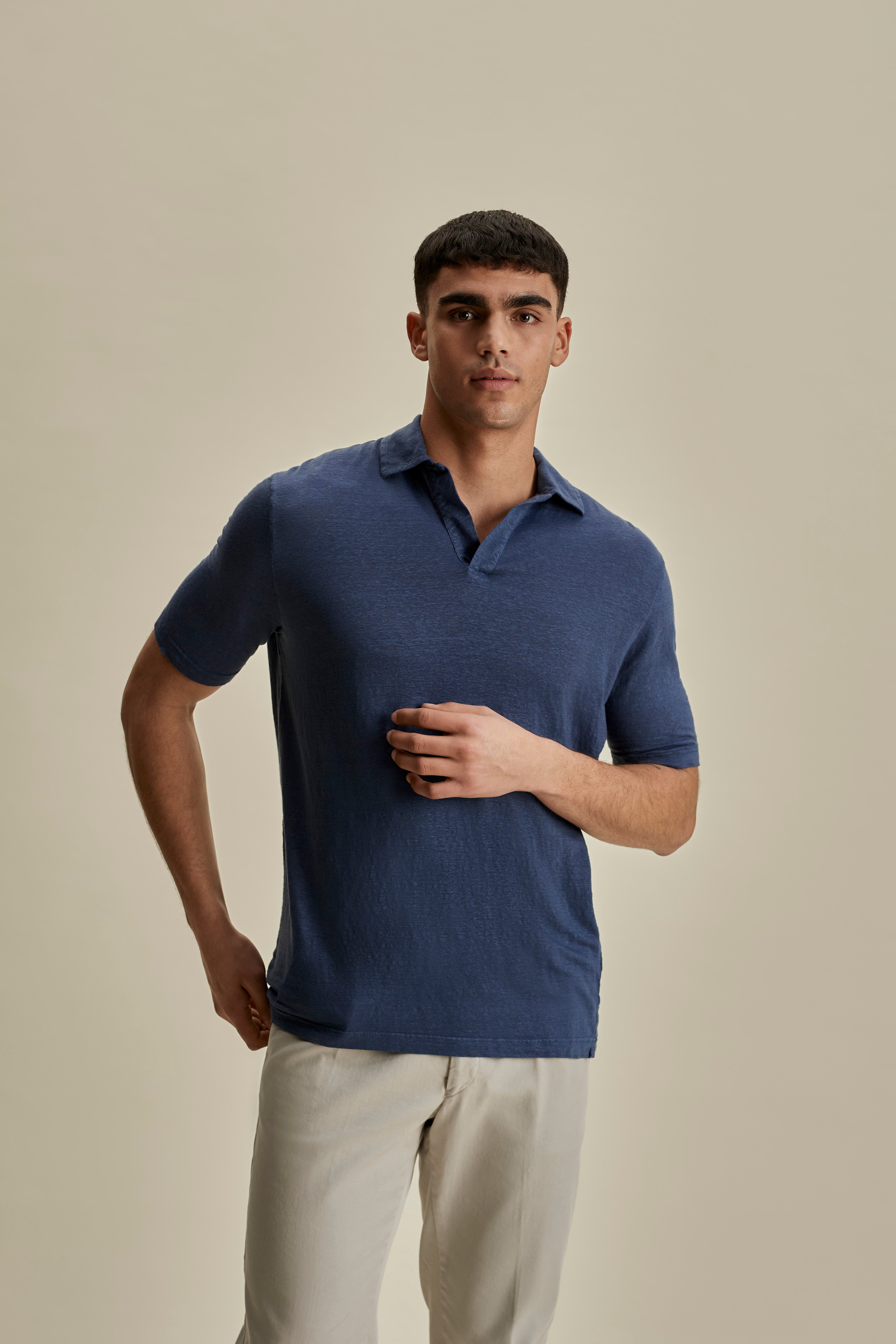 Linen Skipper Polo Shirt Denim Mid Crop Model Image