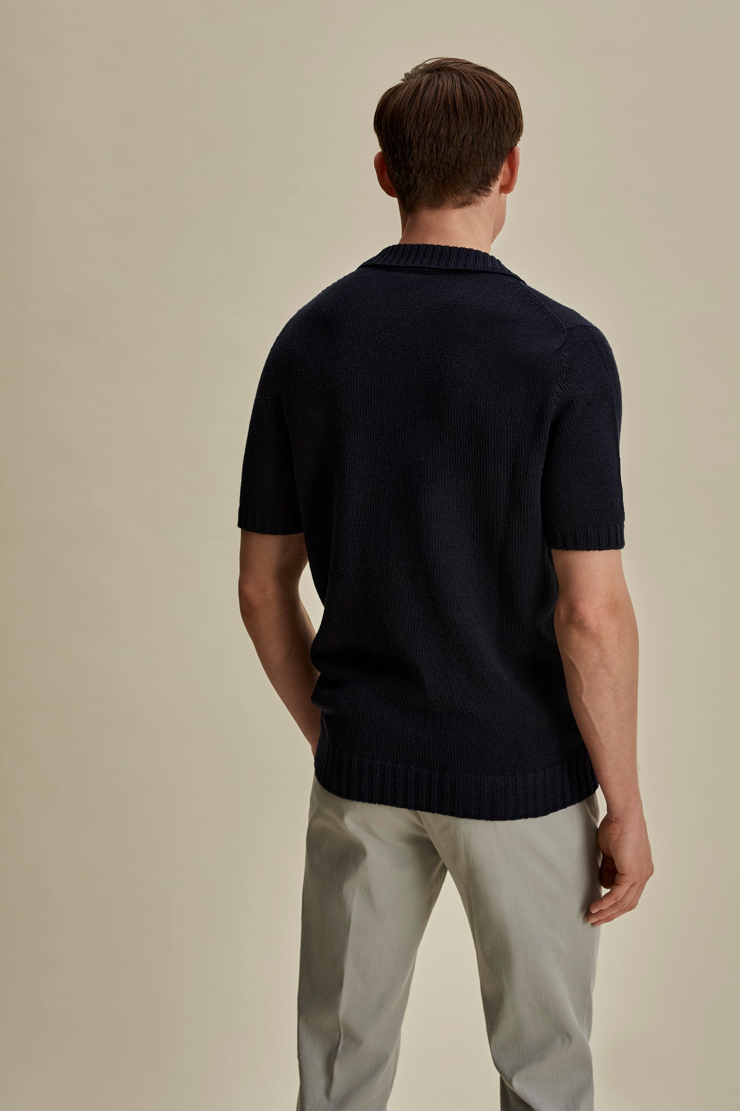 Bourette Silk Wide Gauge Cable Polo Shirt Navy Back Mid Crop Model Image