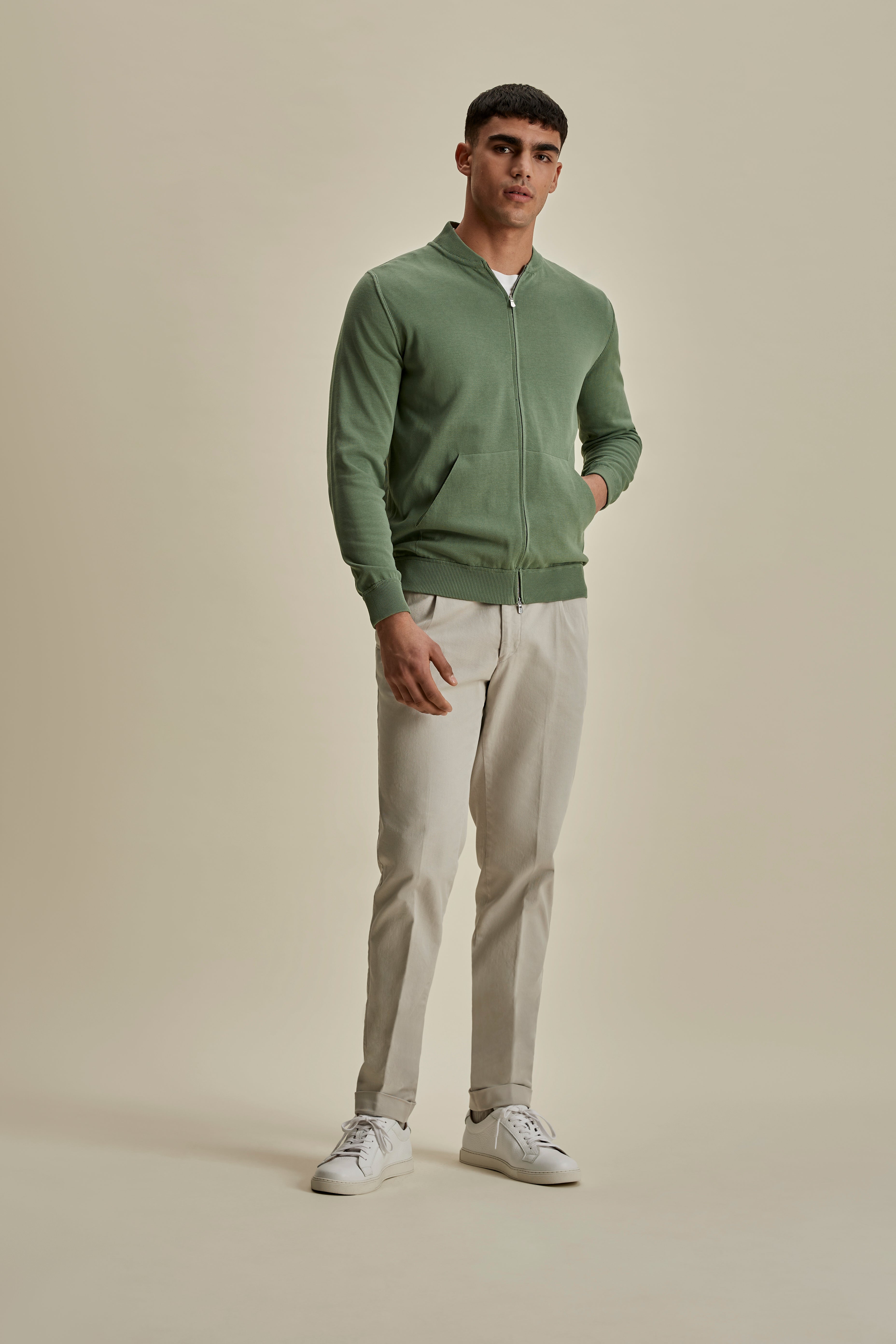 Cotton Zip-Through Baseball Collar Knit Sage Full Length Model Image