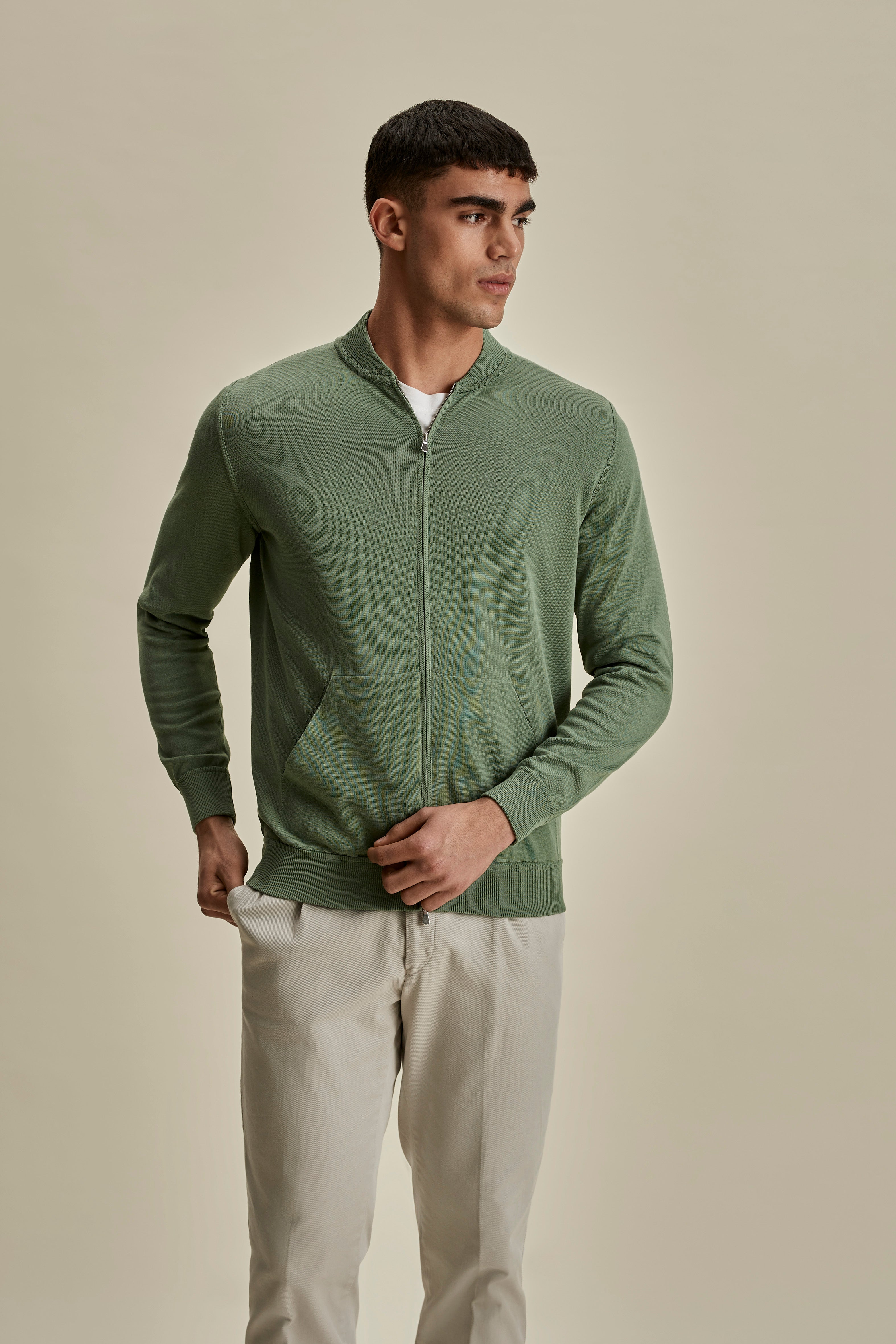 Cotton Zip-Through Baseball Collar Knit Sage Mid Crop Model Image