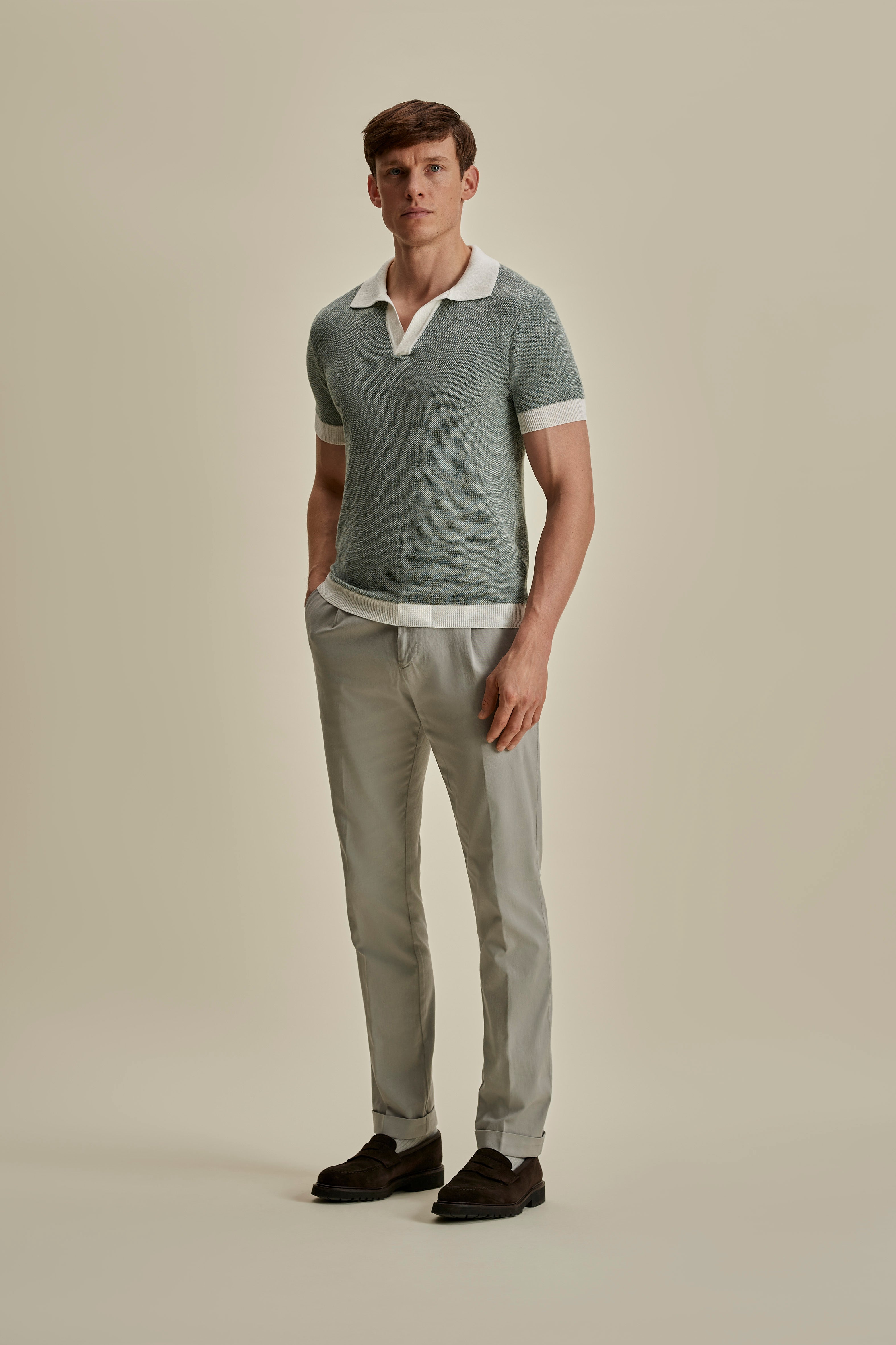 Cotton Linen Contrast Knitted Polo Shirt Mid Green Full Length Model Image