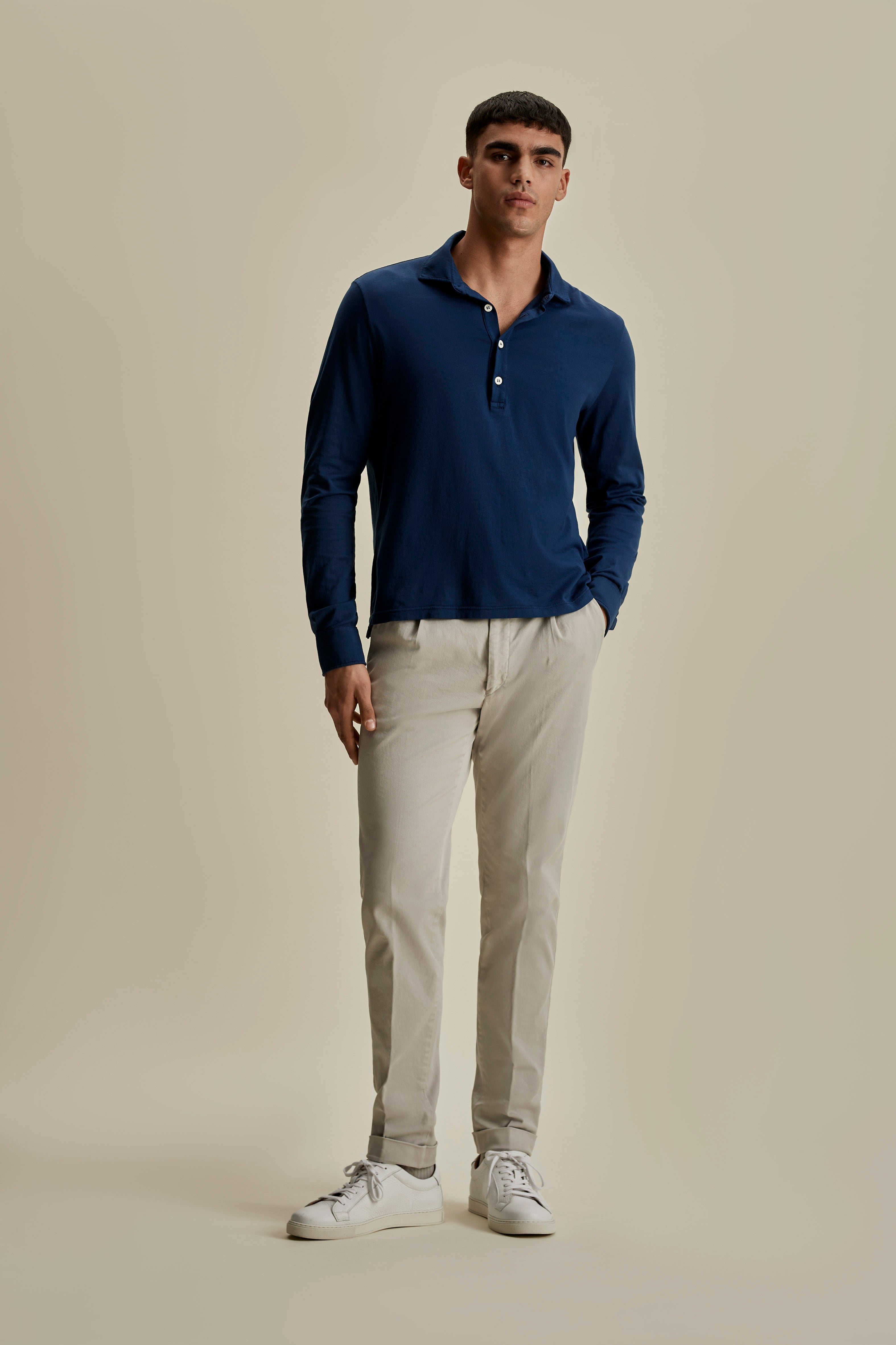 Cotton Long Sleeve Polo Shirt Navy Full Length Model Image