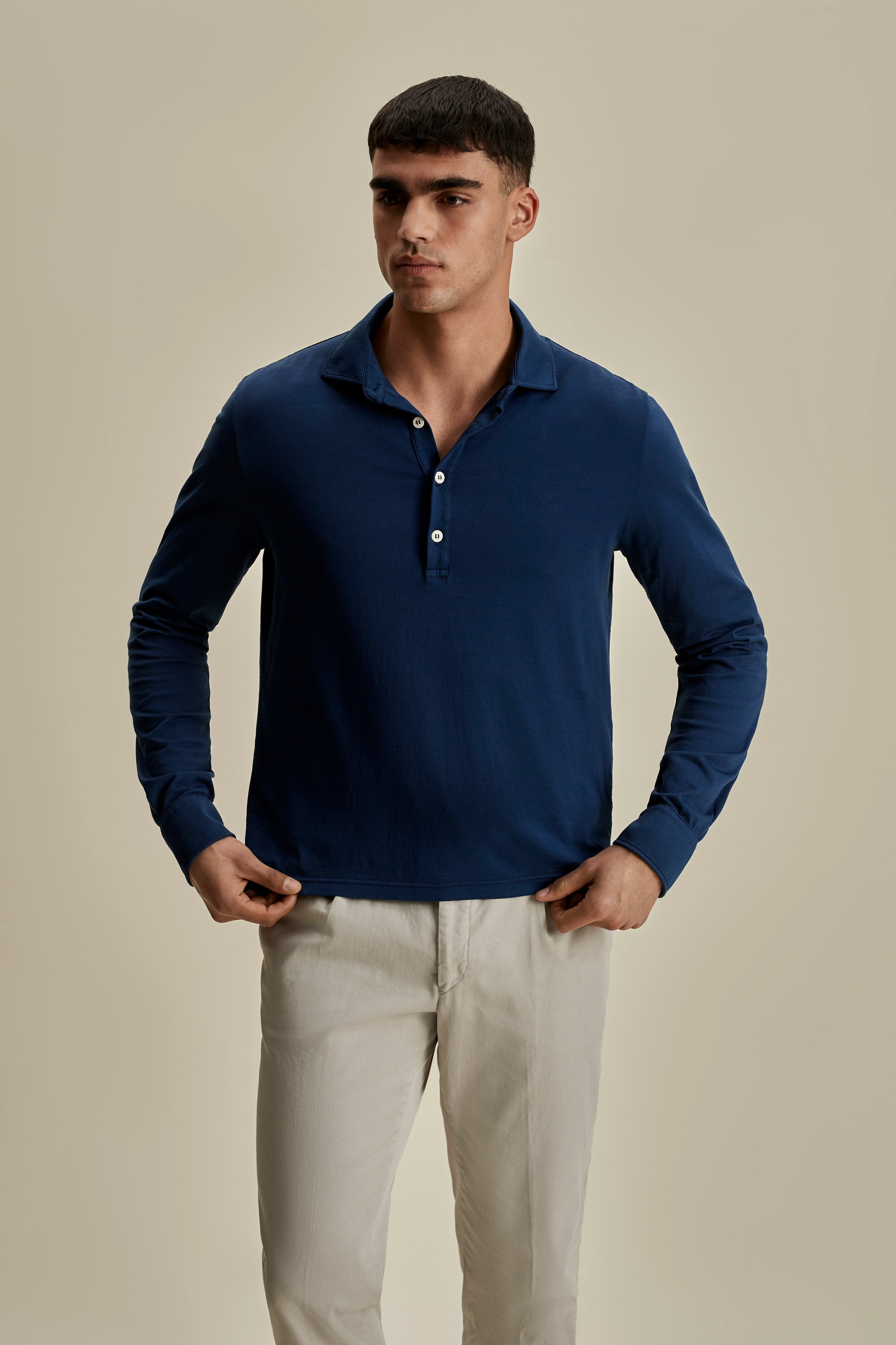 Cotton Long Sleeve Polo Shirt Navy Mid Crop Model Image