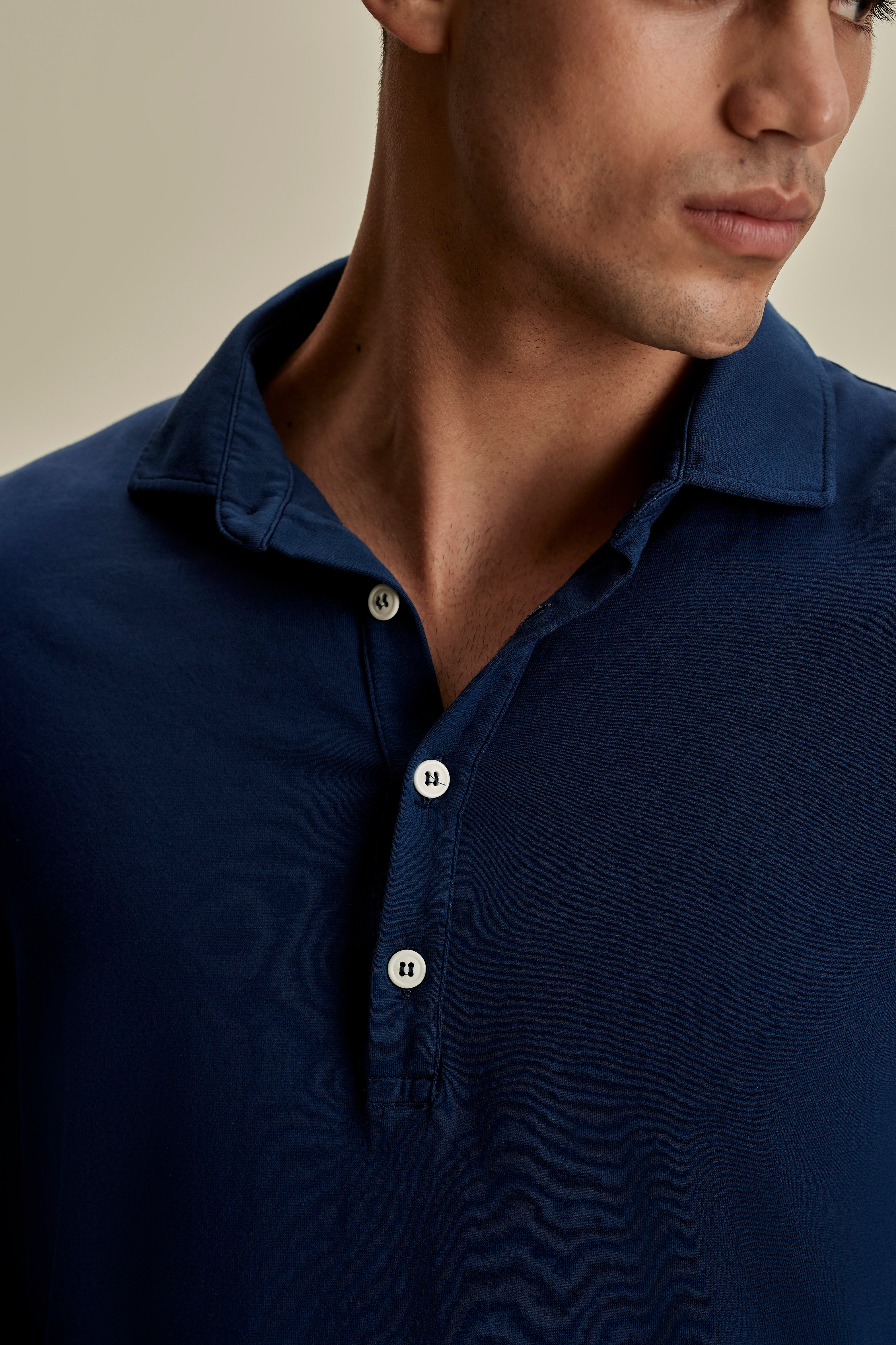 Cotton Long Sleeve Polo Shirt Navy Detail Model Image