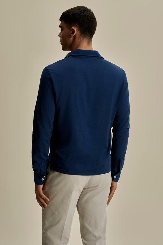 Cotton Long Sleeve Polo Shirt Navy Back Mid Crop Model Image