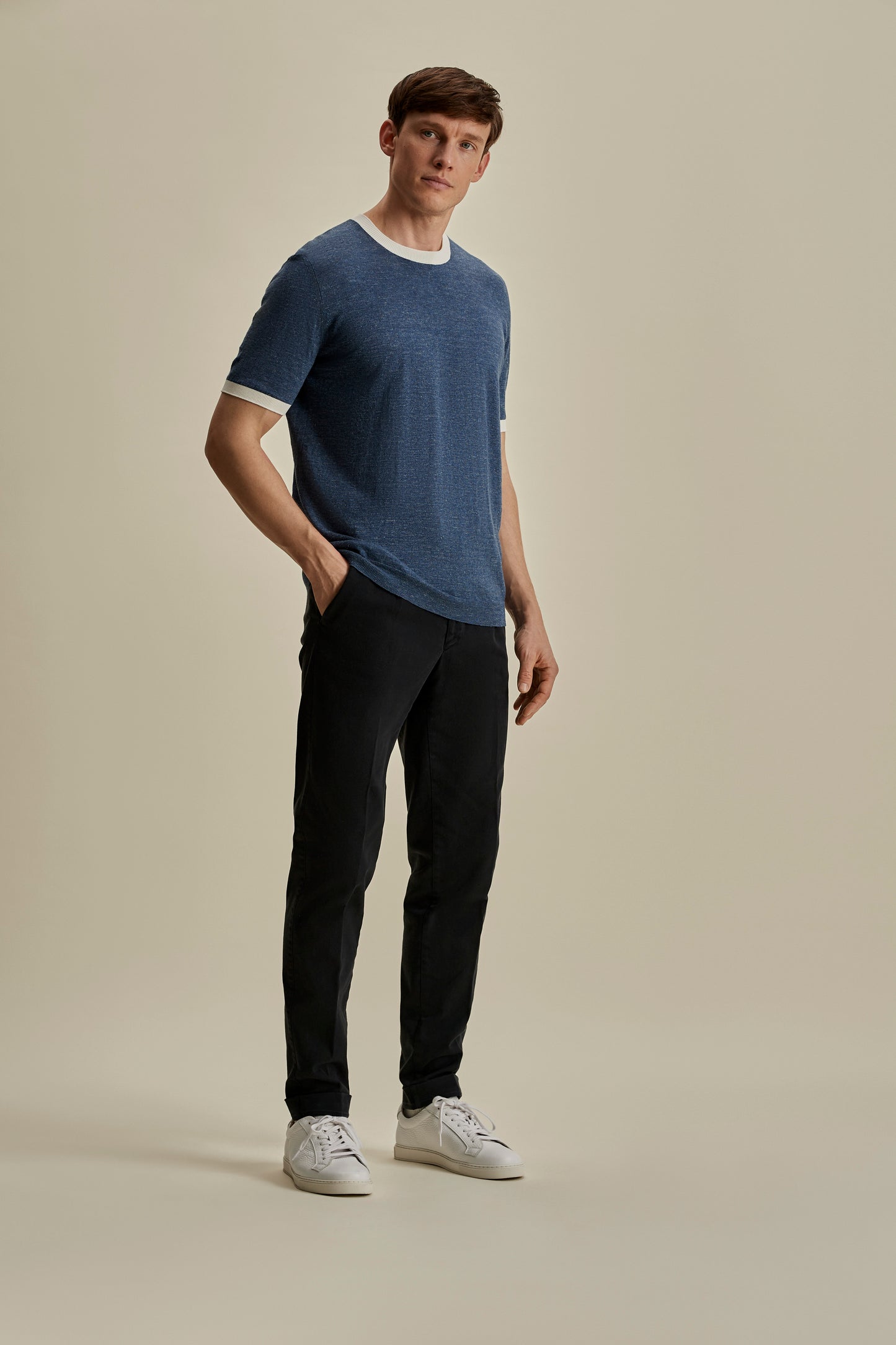 Linen Cotton Contrast Rib T-Shirt Denim White Full Length Model Image