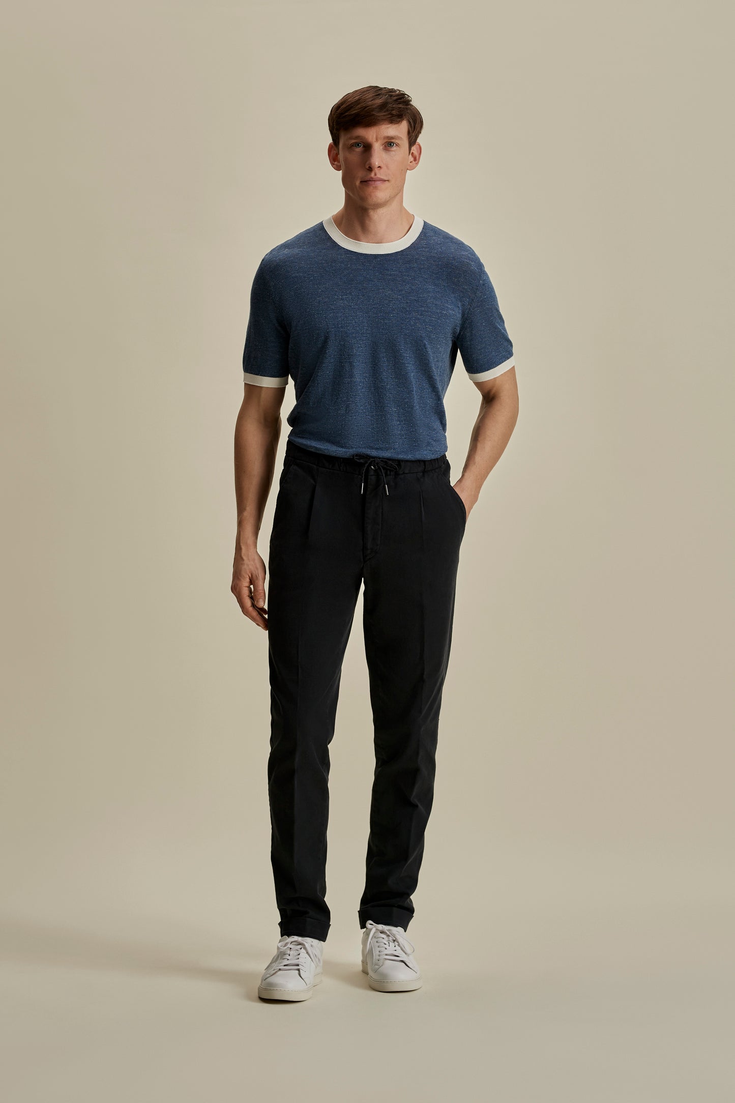 Cotton Twill Drawstring Tailored Trousers Navy Full Length Model Image