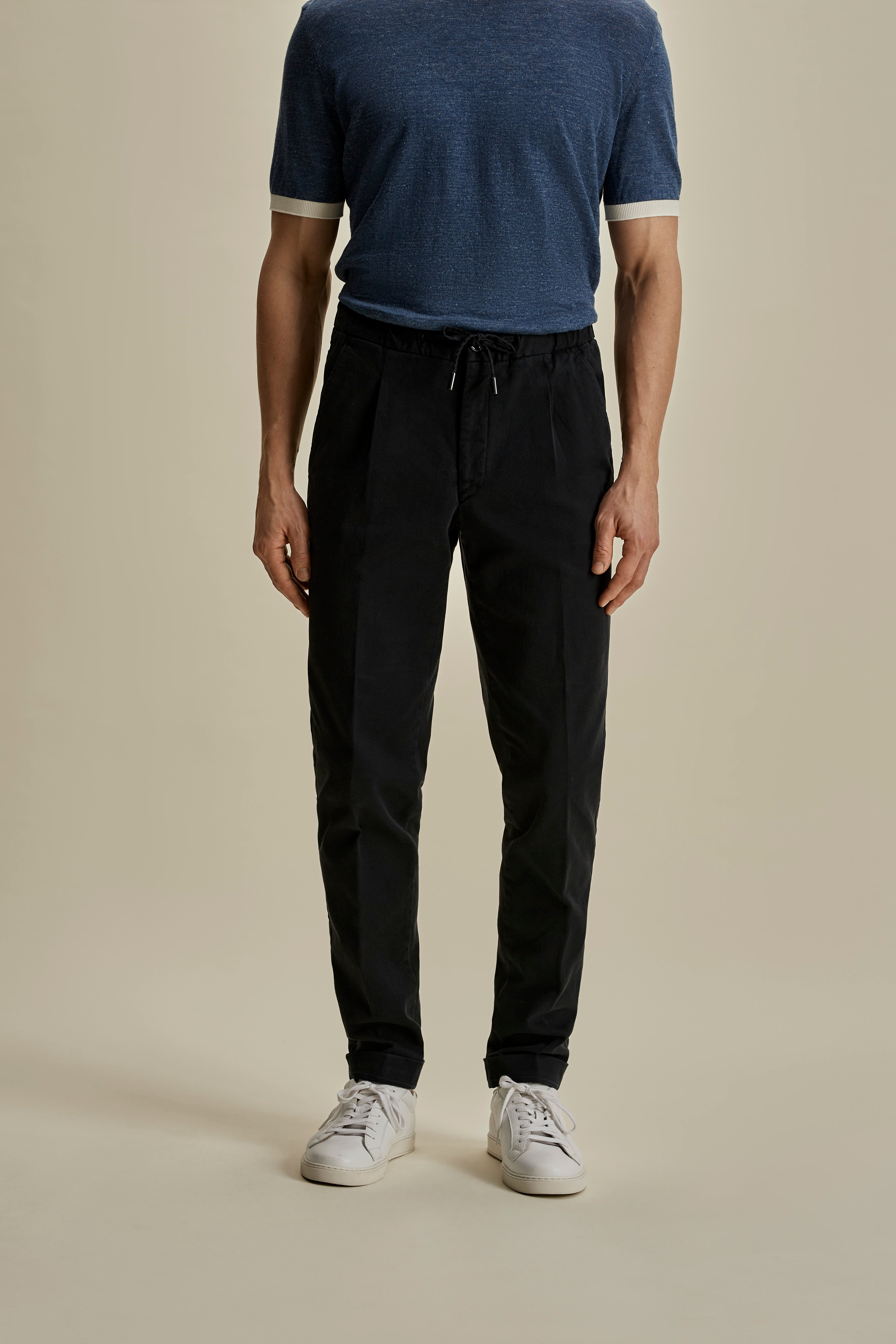 Cotton Twill Drawstring Tailored Trousers Navy Mid Crop Model Image