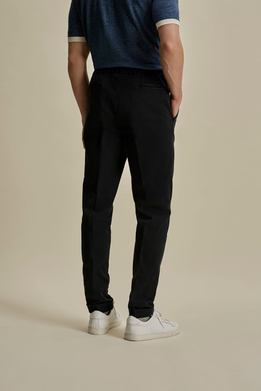 Cotton Twill Drawstring Tailored Trousers Navy Back Mid Crop Model Image