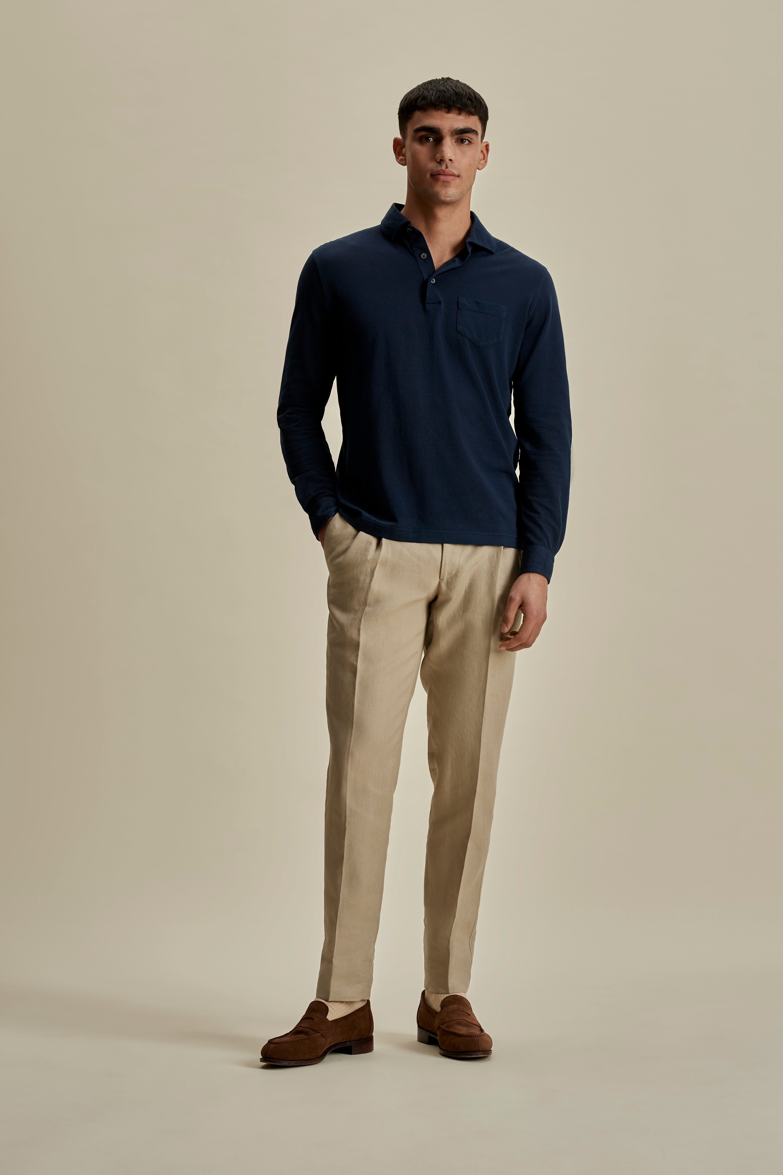 Cotton Pique Long Sleeve Polo Shirt Navy Full Length Model Image