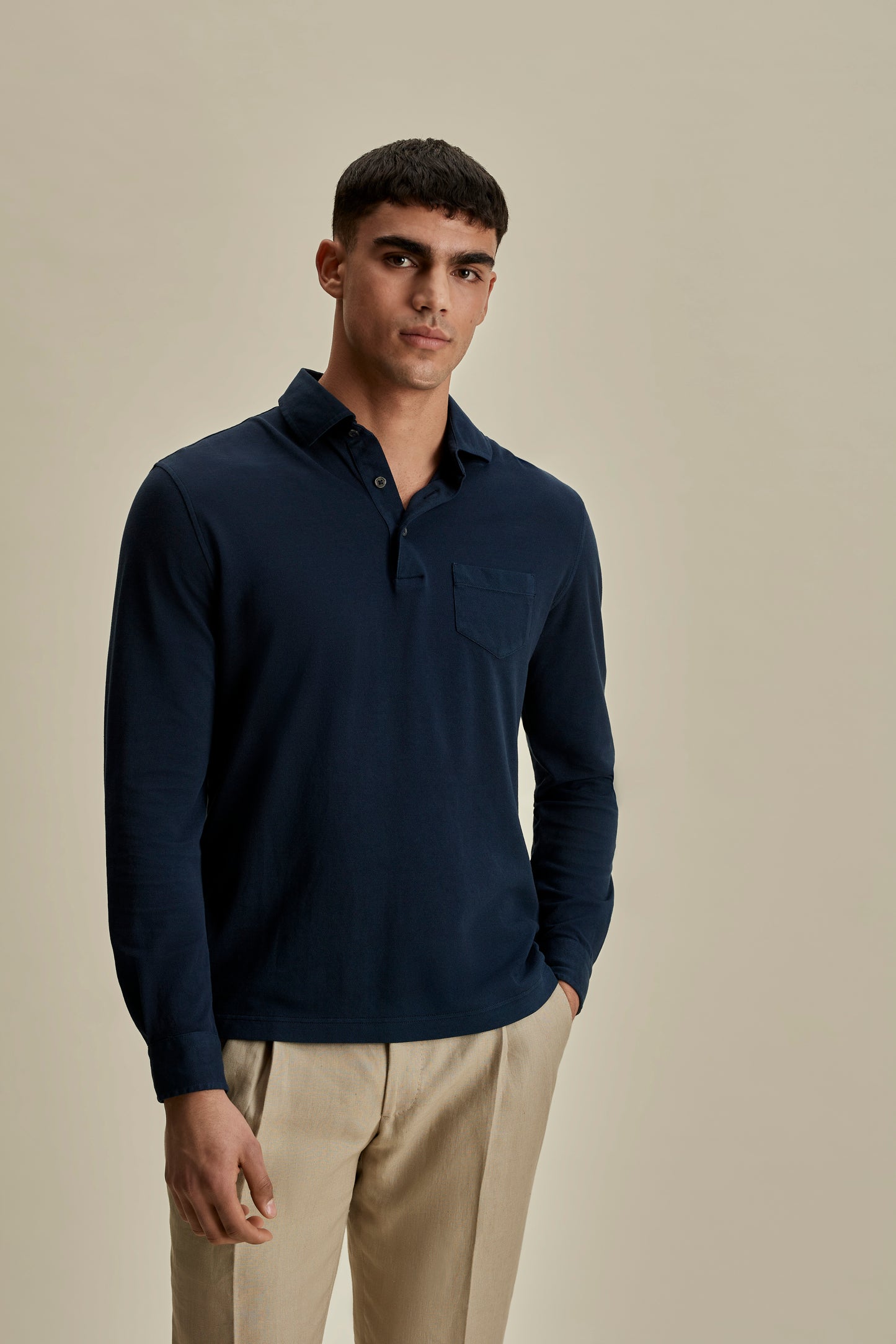 Cotton Pique Long Sleeve Polo Shirt Navy Crop Model Image