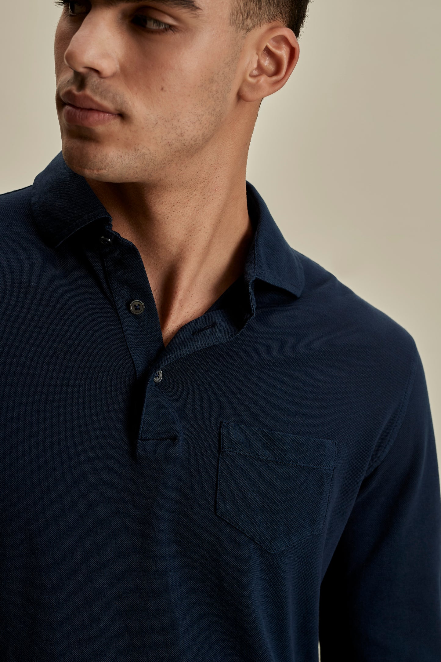 Cotton Pique Long Sleeve Polo Shirt Navy Detail Model Image