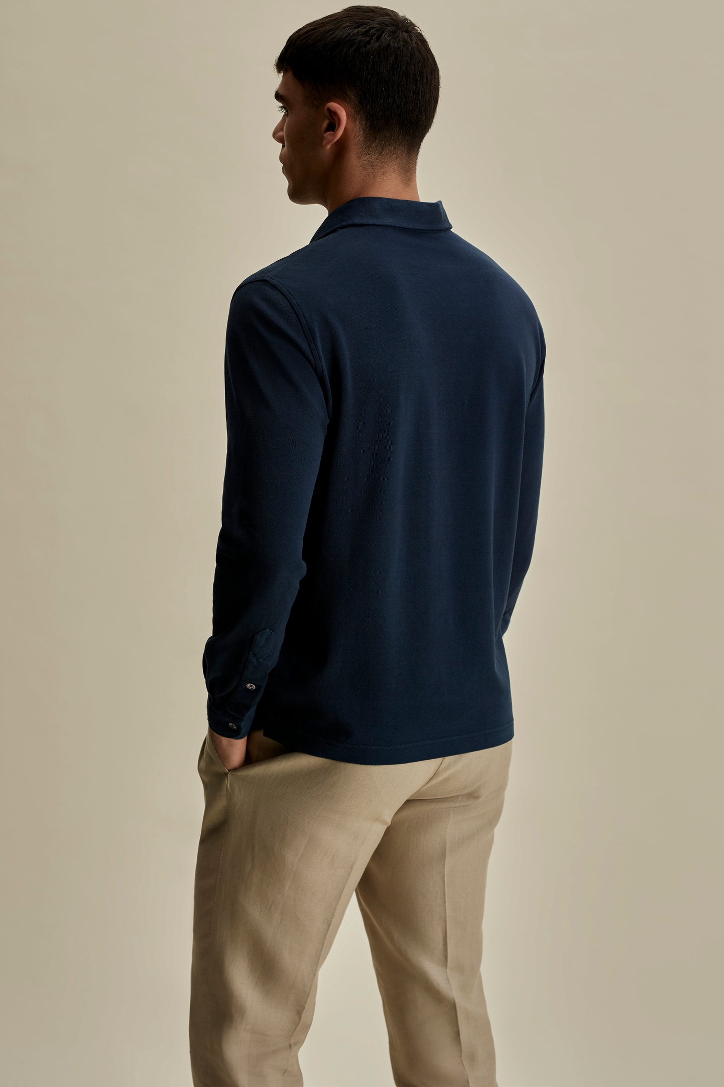 Cotton Pique Long Sleeve Polo Shirt Navy Back Mid Crop Model Image