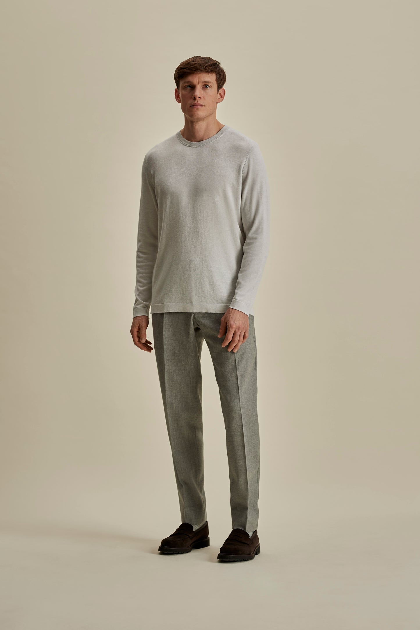 Cotton Cashmere Extrafine Crew Neck Sweater Grey Full Length Model Image