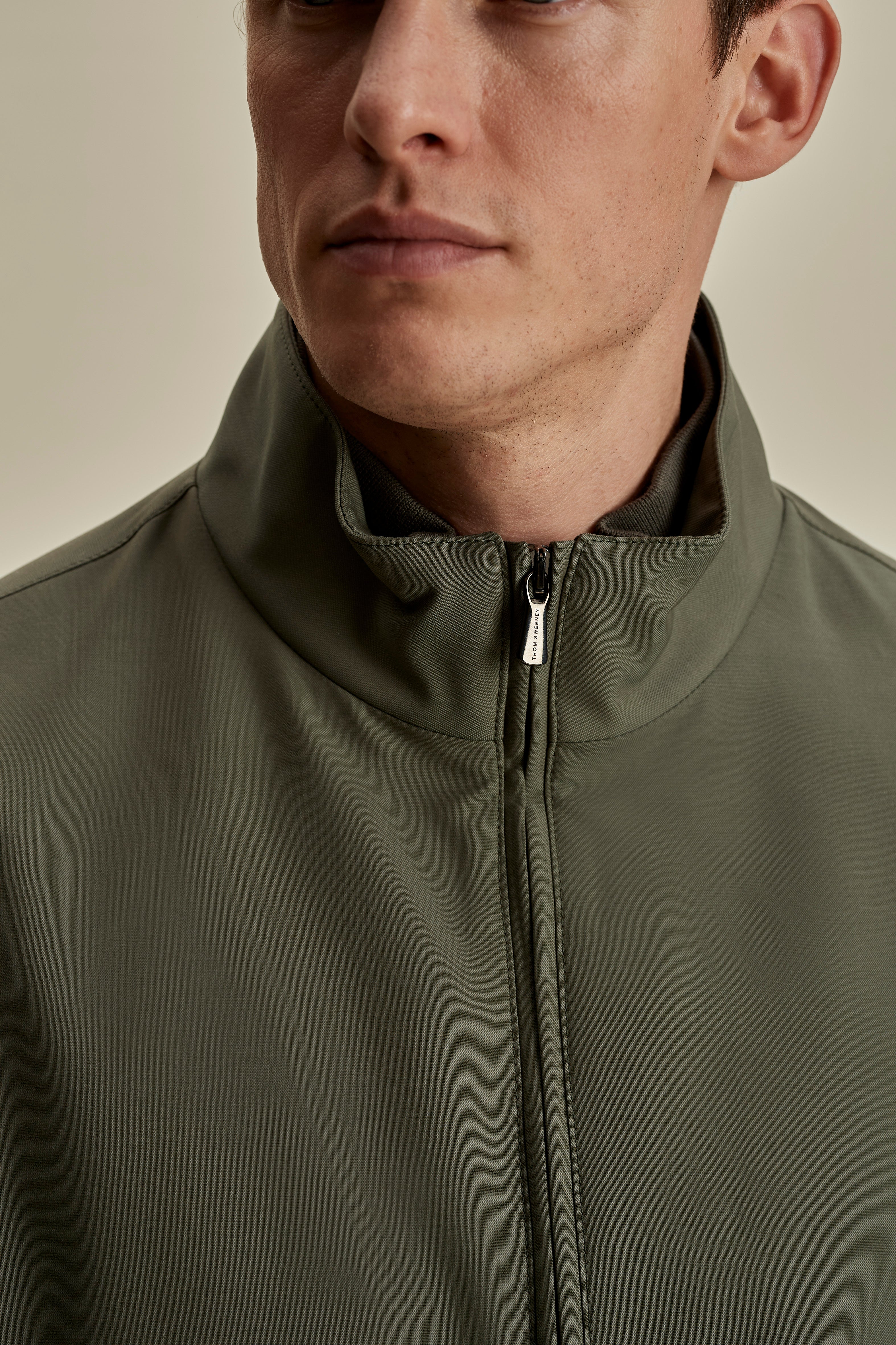 Nylon Zip-Through Mock Collar Bomber Jacket Olive Detail Model Image