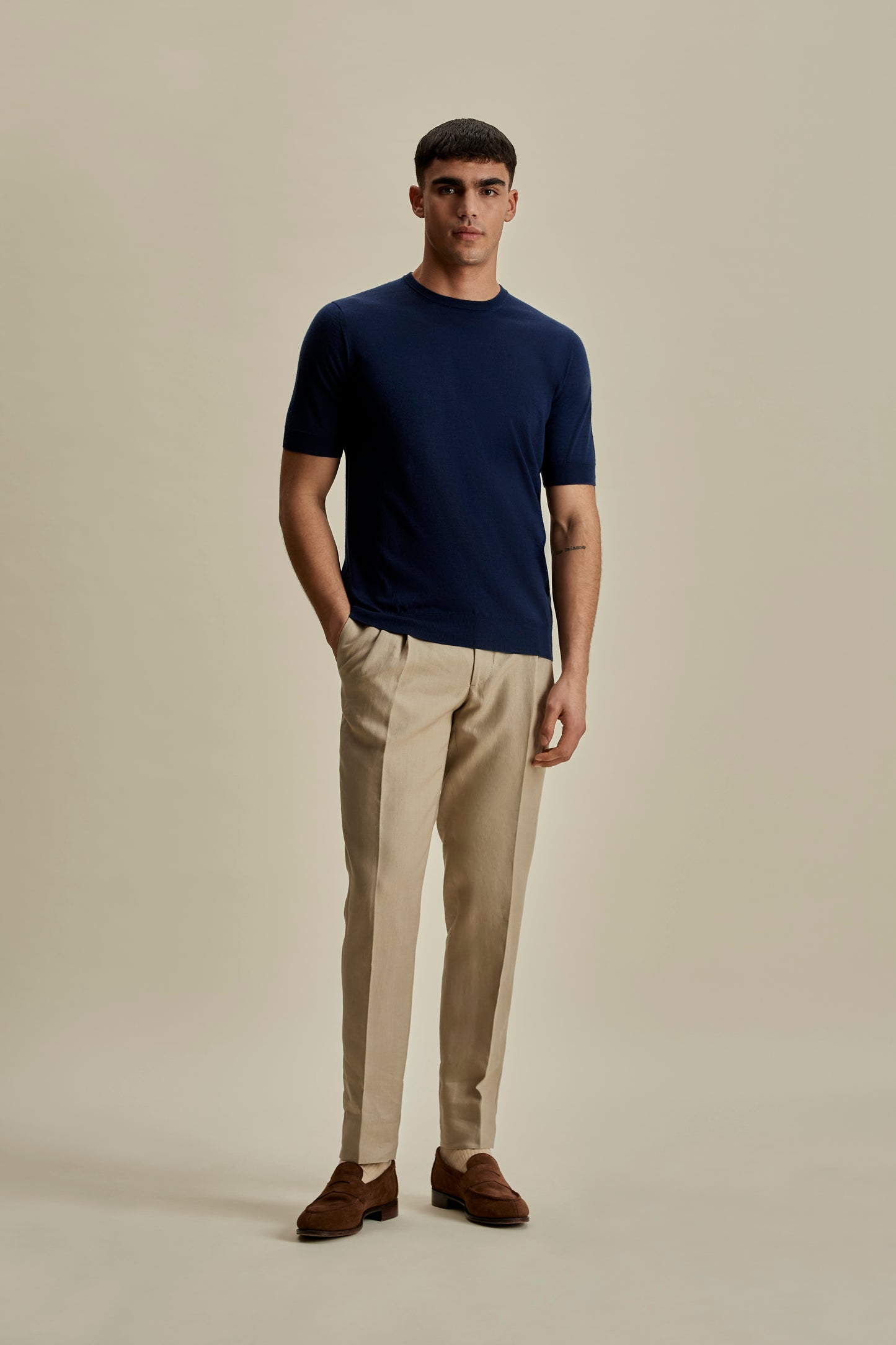 Cashmere Silk T-Shirt Denim Full Length Model Image