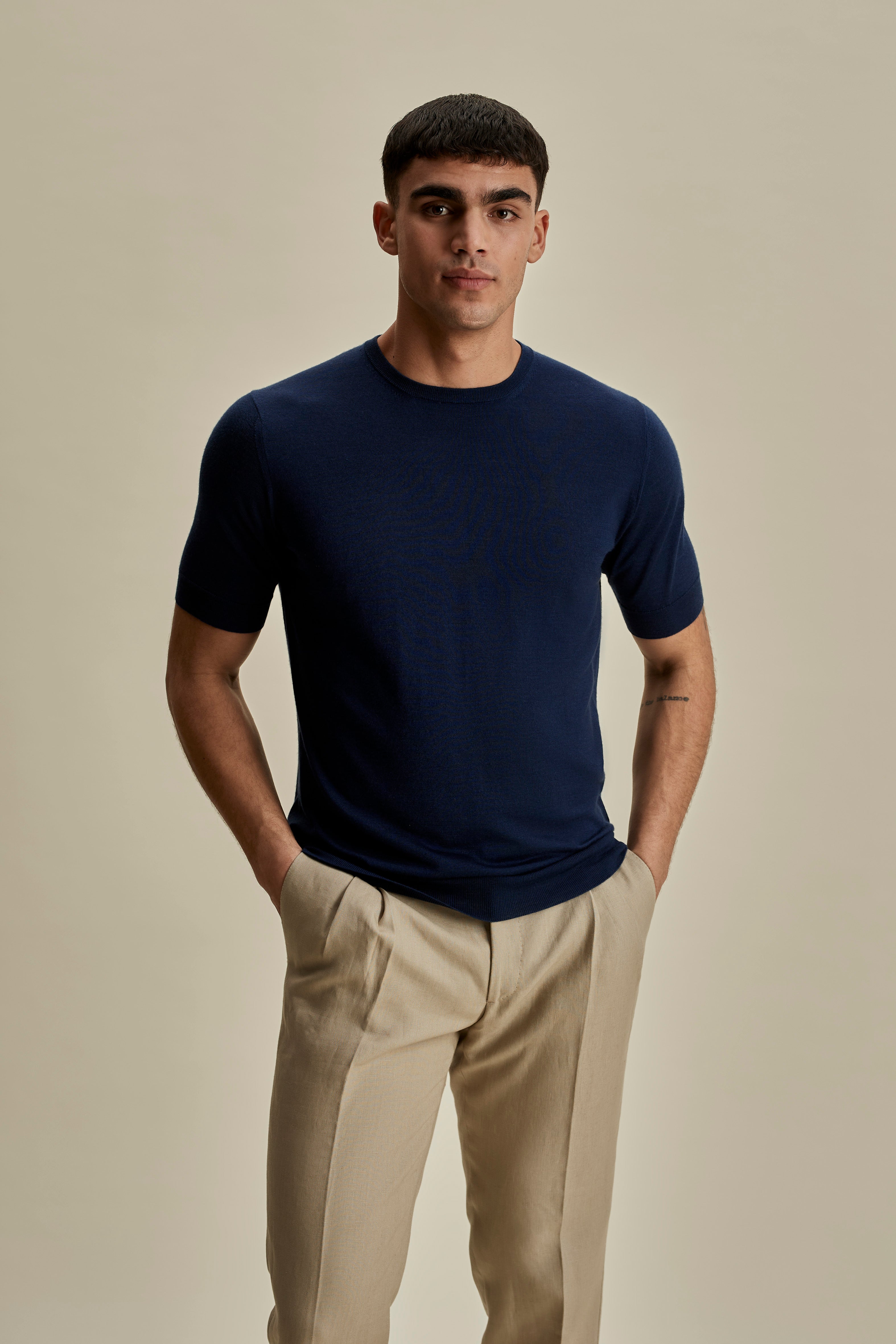 Cashmere Silk T-Shirt Denim Mid Crop Model Image