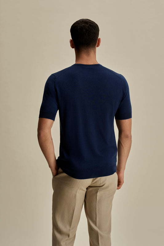 Cashmere Silk T-Shirt Denim Back Mid Crop Model Image