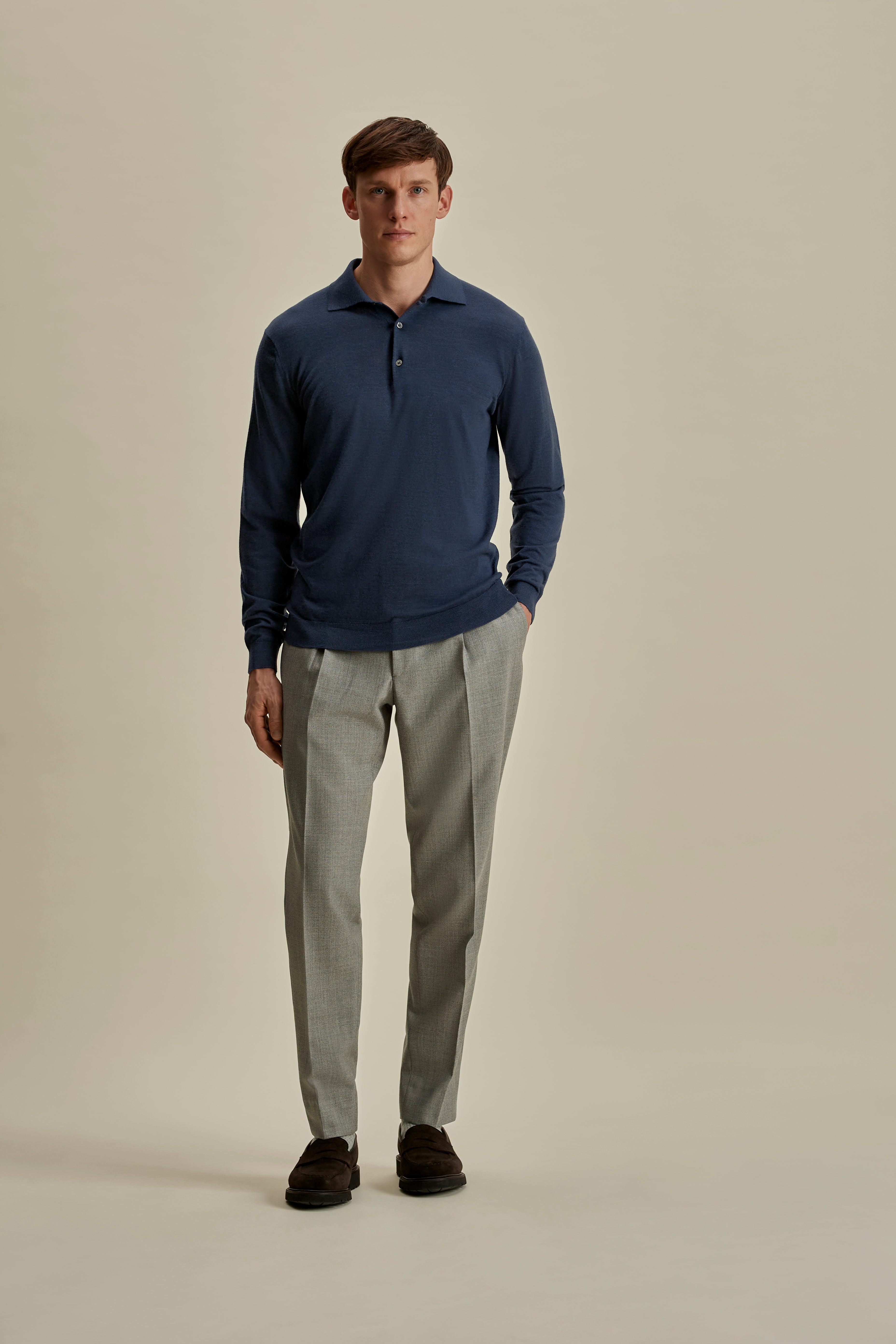 Merino Wool Fine Gauge Long Sleeve Polo Shirt Denim Full Length Model Image