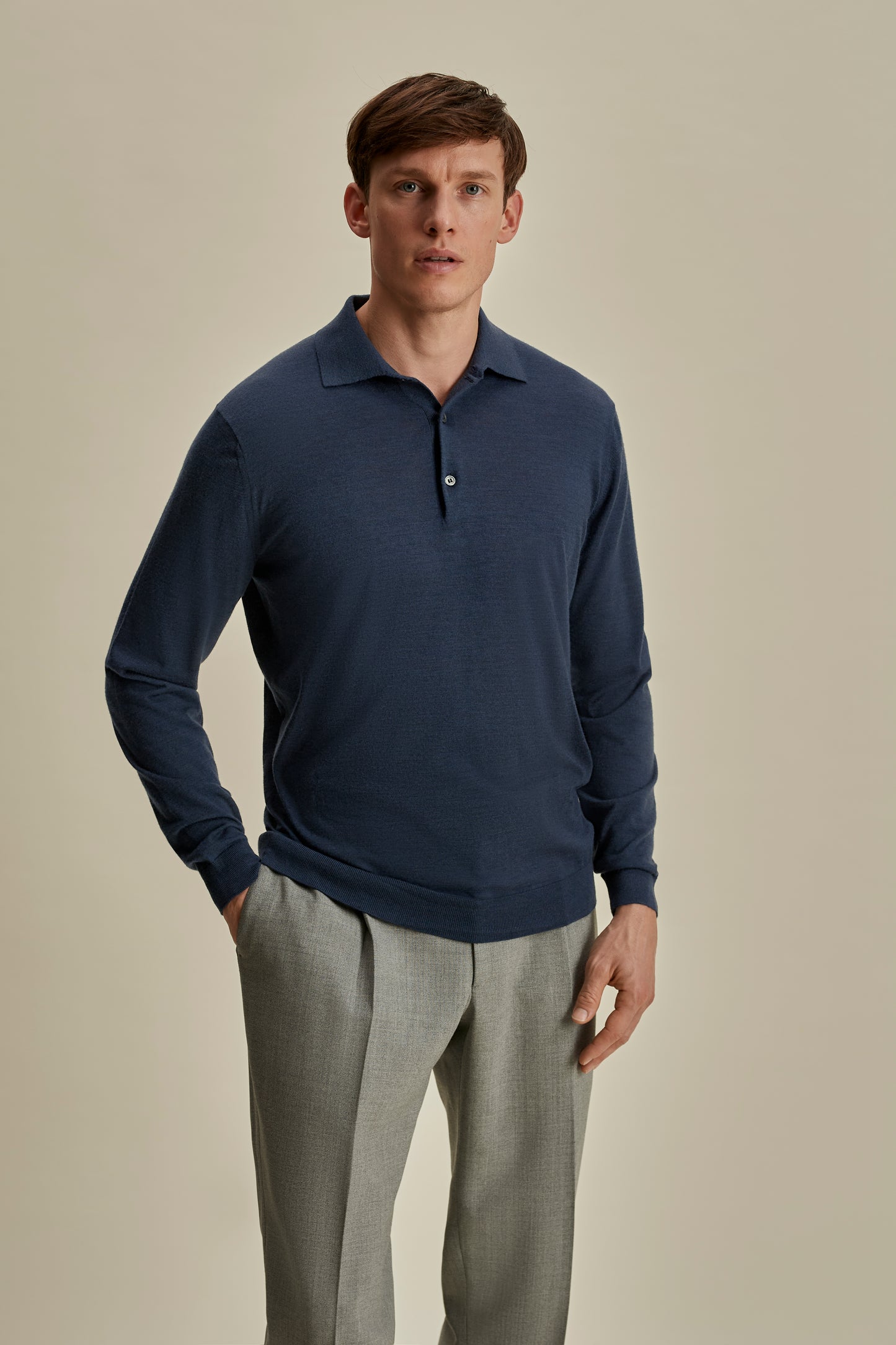Merino Wool Fine Gauge Long Sleeve Polo Shirt Denim Mid Crop Model Image