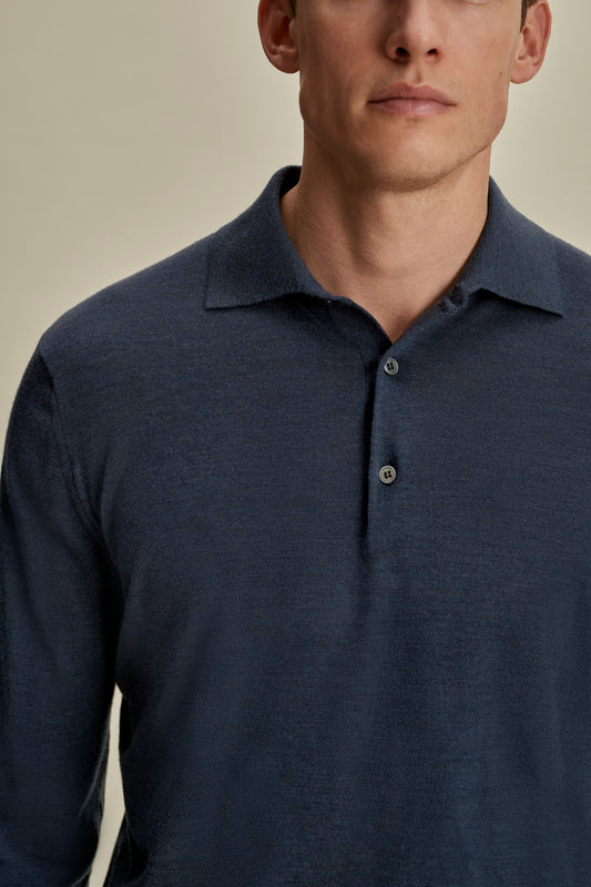 Merino Wool Fine Gauge Long Sleeve Polo Shirt Denim Detail Model Image