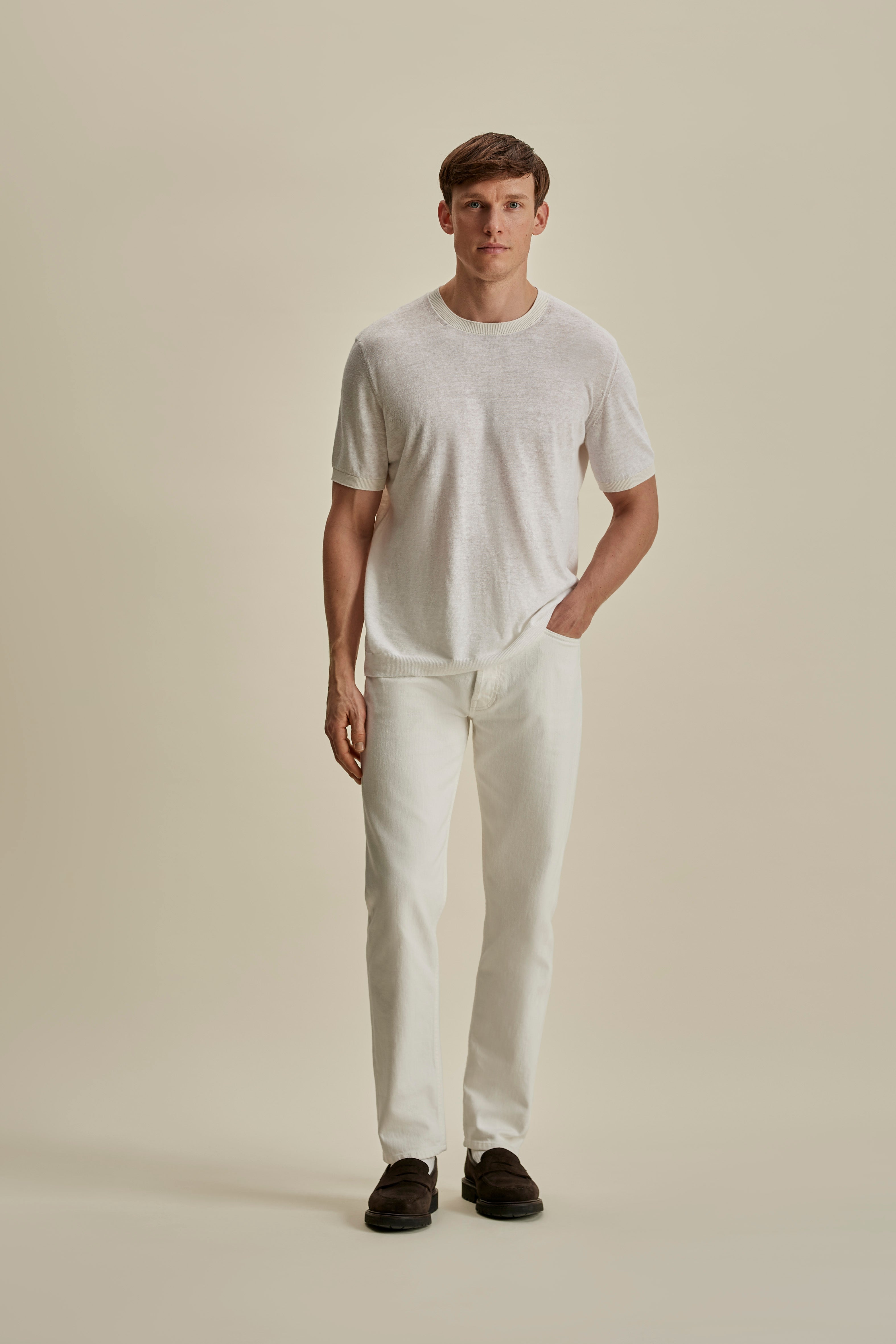 Linen Cotton Contrast Rib T-Shirt White White Full Length Model Image