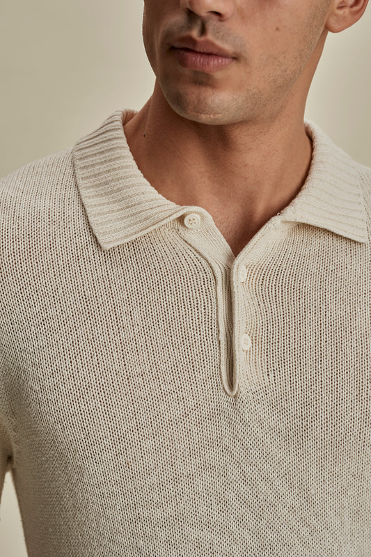 Bourette Silk Wide Gauge Cable Polo Shirt White Detail Model Image