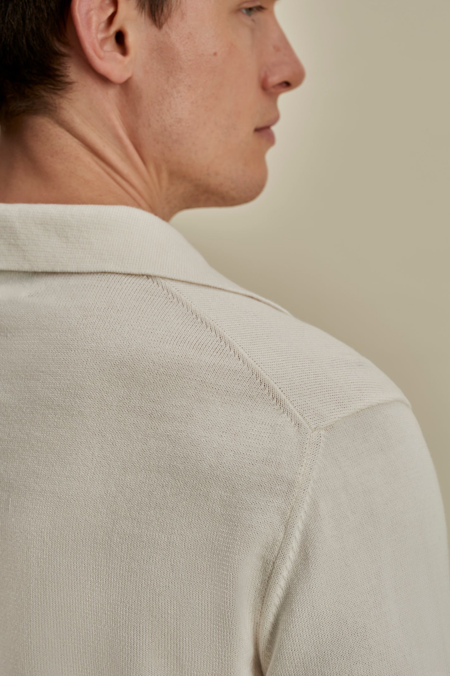 Heavy Cotton Long Sleeve Skipper Polo Shirt Milk White Detail Model Image