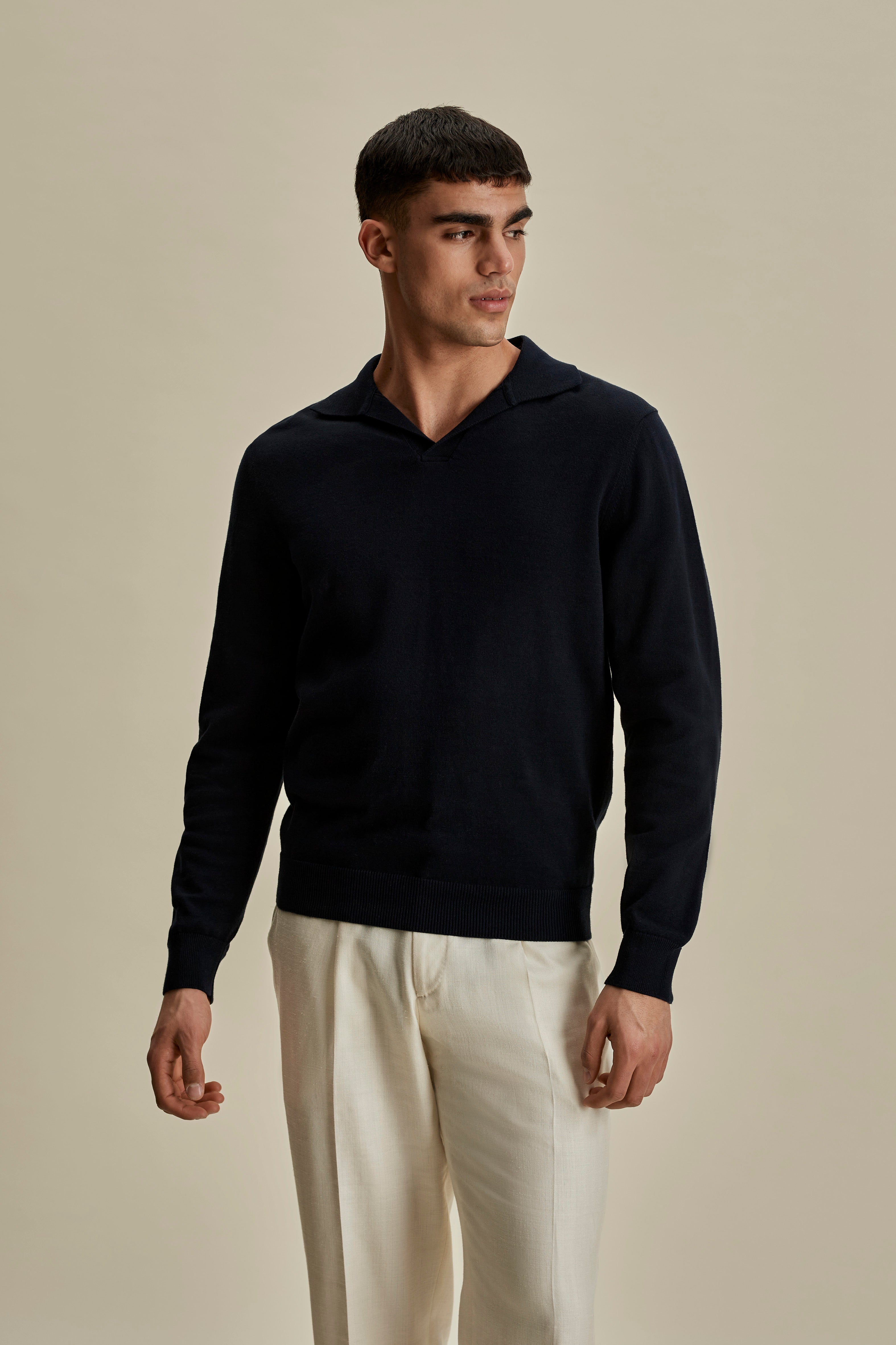 Heavy Cotton Long Sleeve Skipper Polo Shirt Navy Mid Crop Model Image
