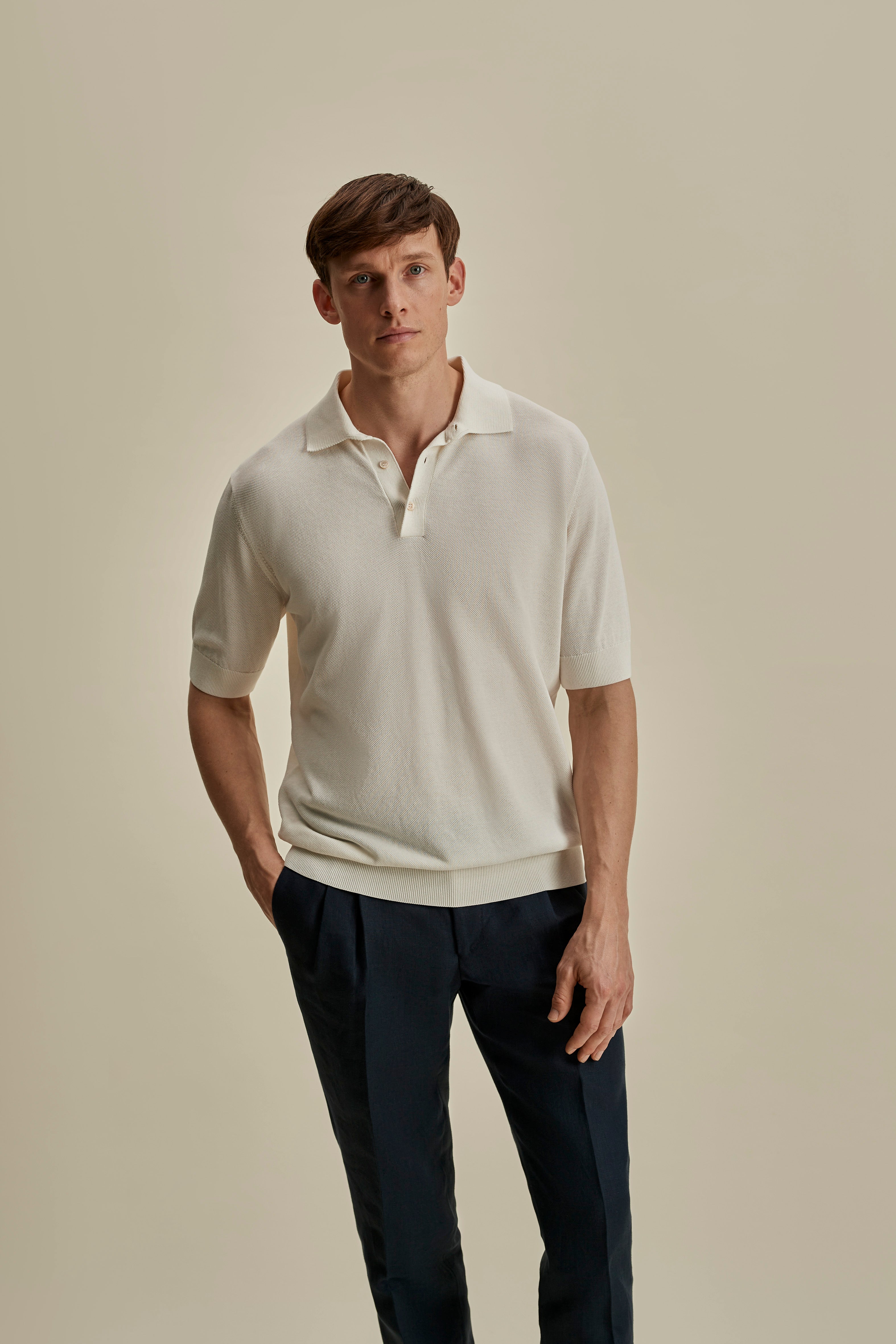Cotton Air Crepe Polo Shirt Off White Mid Crop Model Image