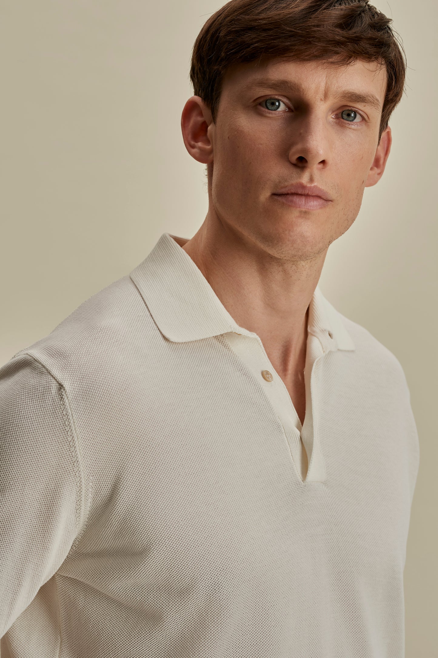 Cotton Air Crepe Polo Shirt Off White Detail Model Image