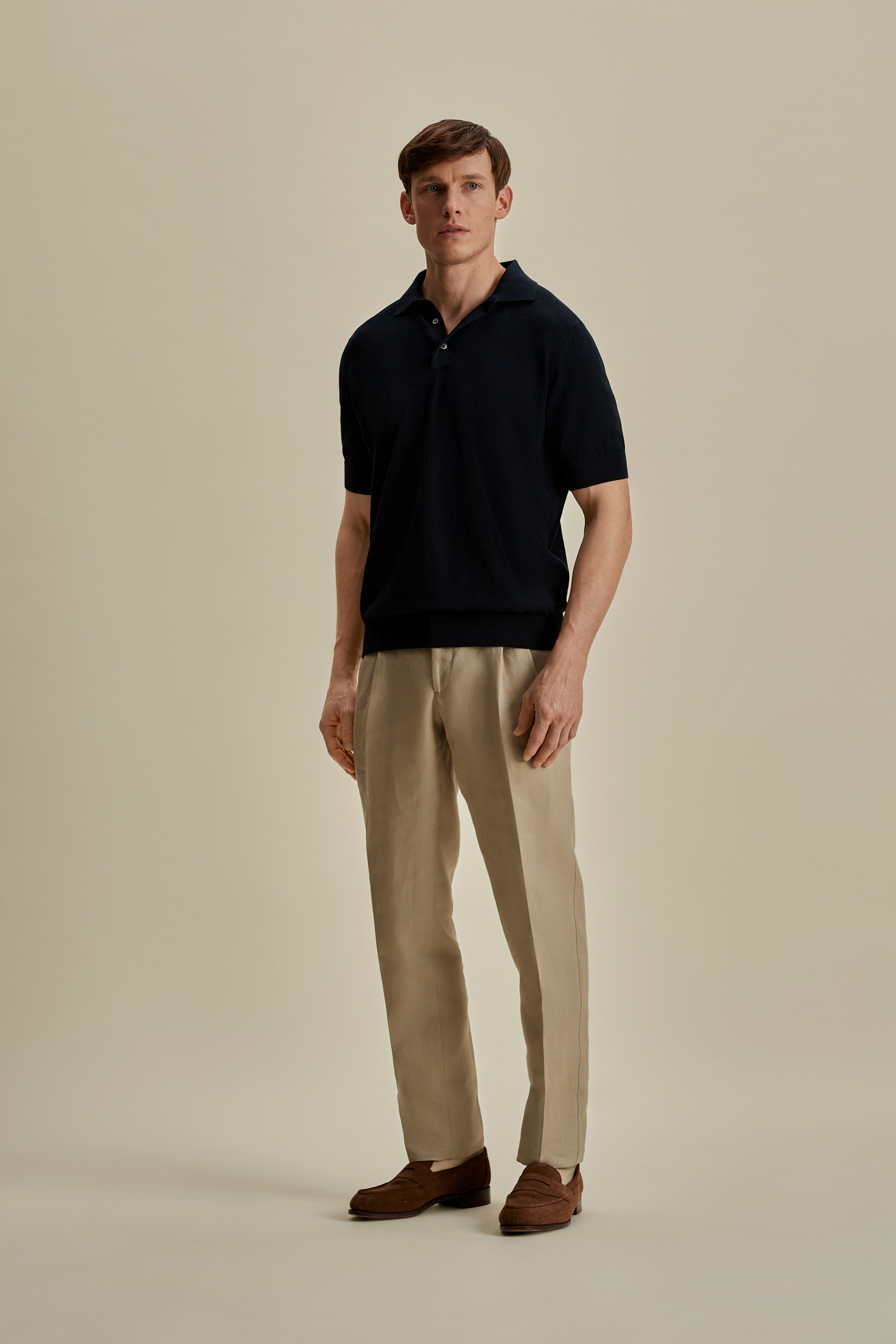 Cotton Air Crepe Polo Shirt Navy Full Length Model Image