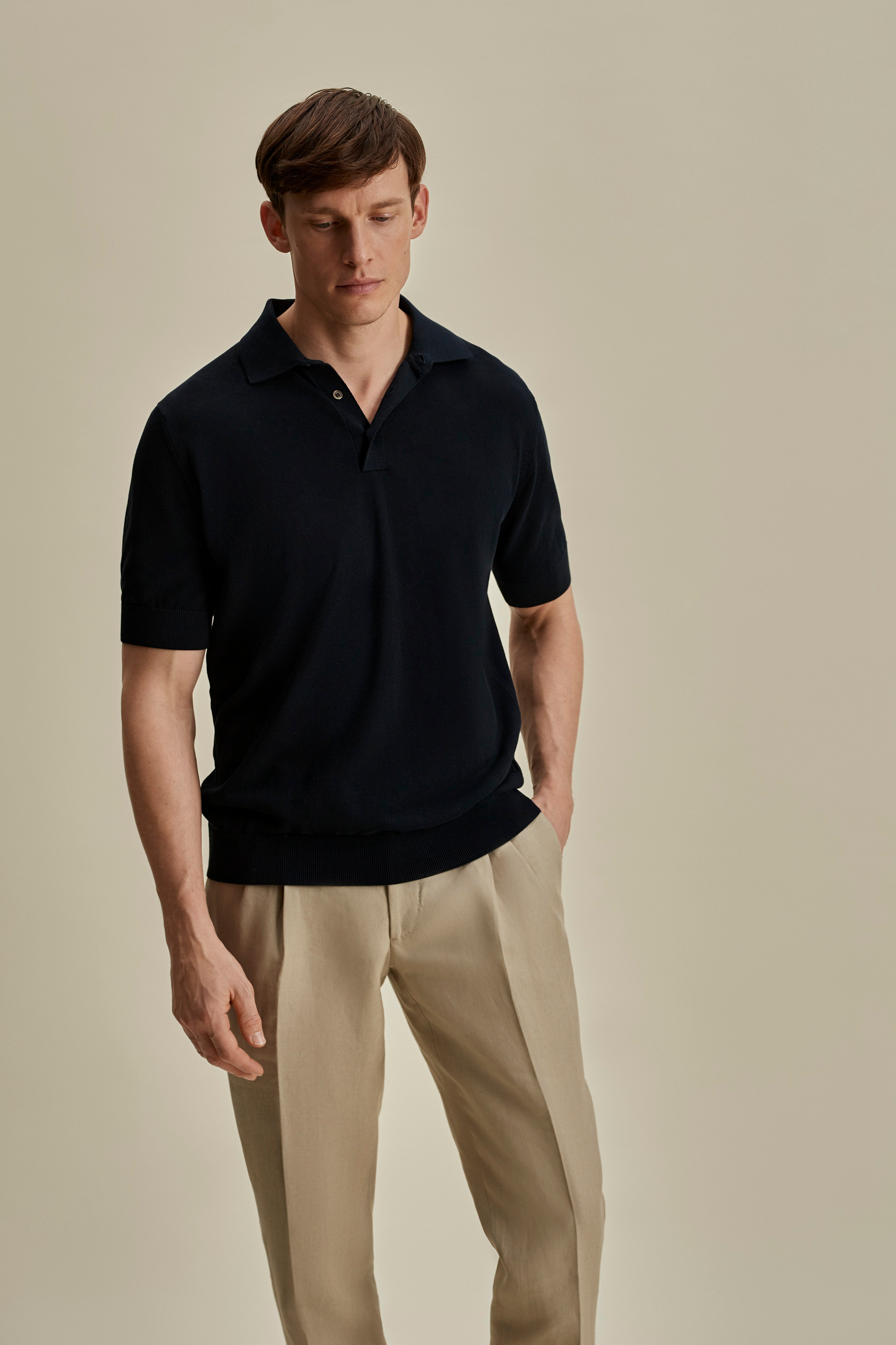 Cotton Air Crepe Polo Shirt Navy Mid Crop Model Image