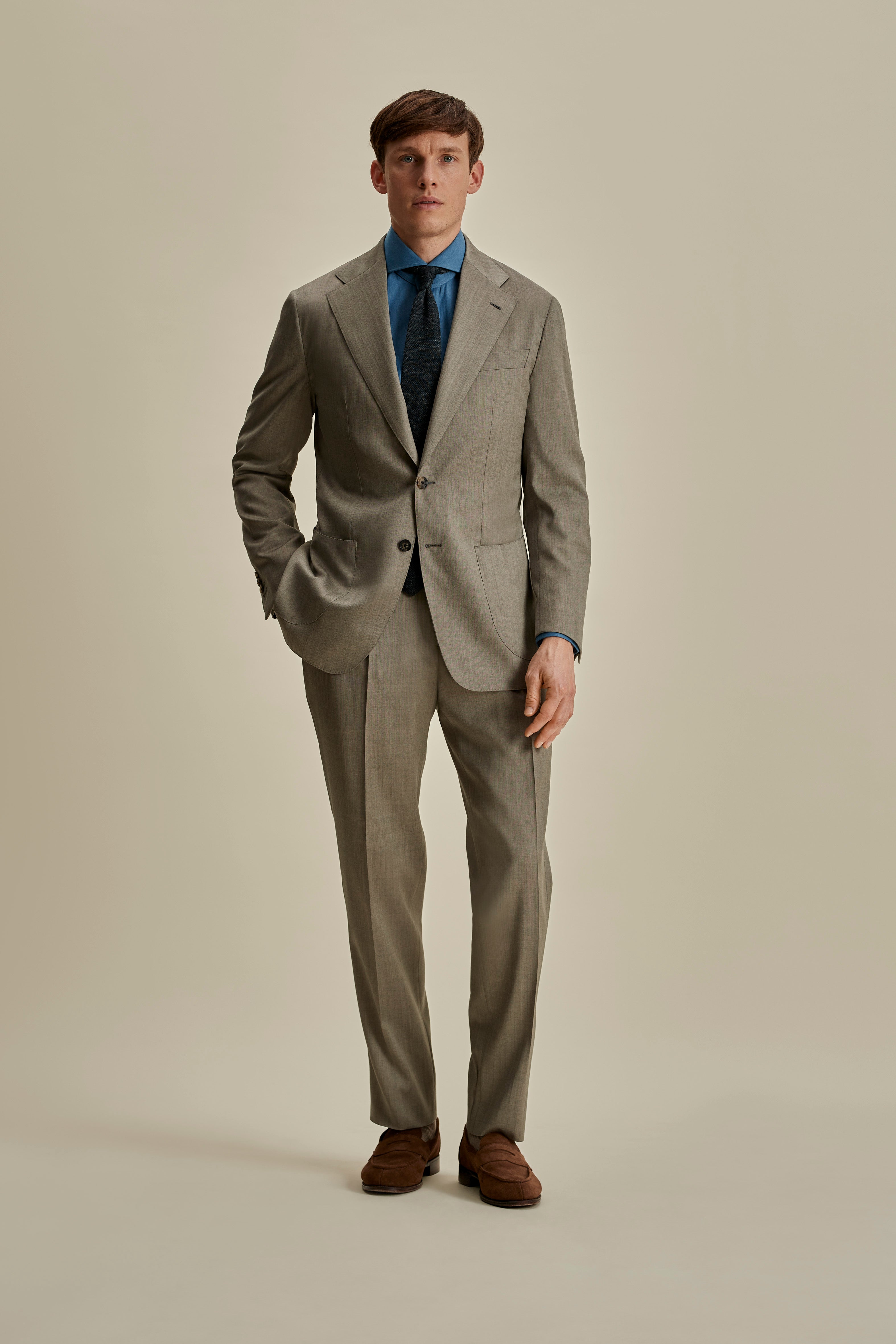 Wool Unstructured Single Breasted Suit Taupe Full Length Model Image