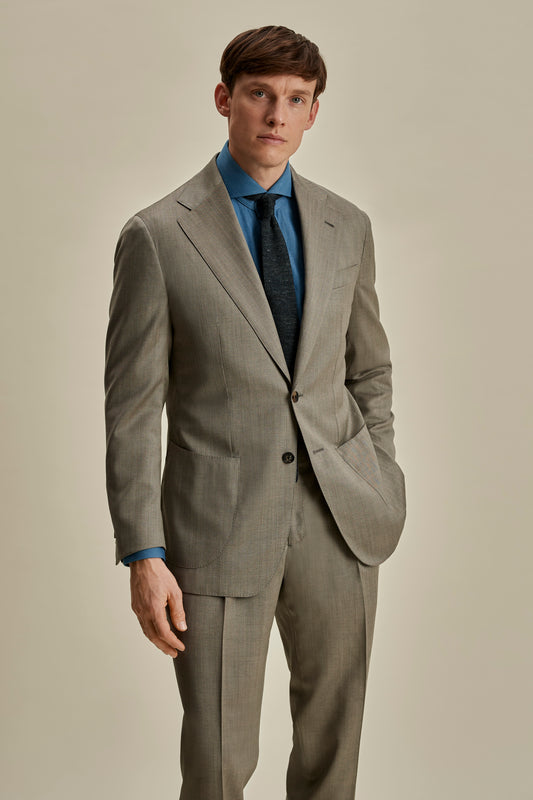 Wool Unstructured Single Breasted Suit Taupe Mid Crop Model Image