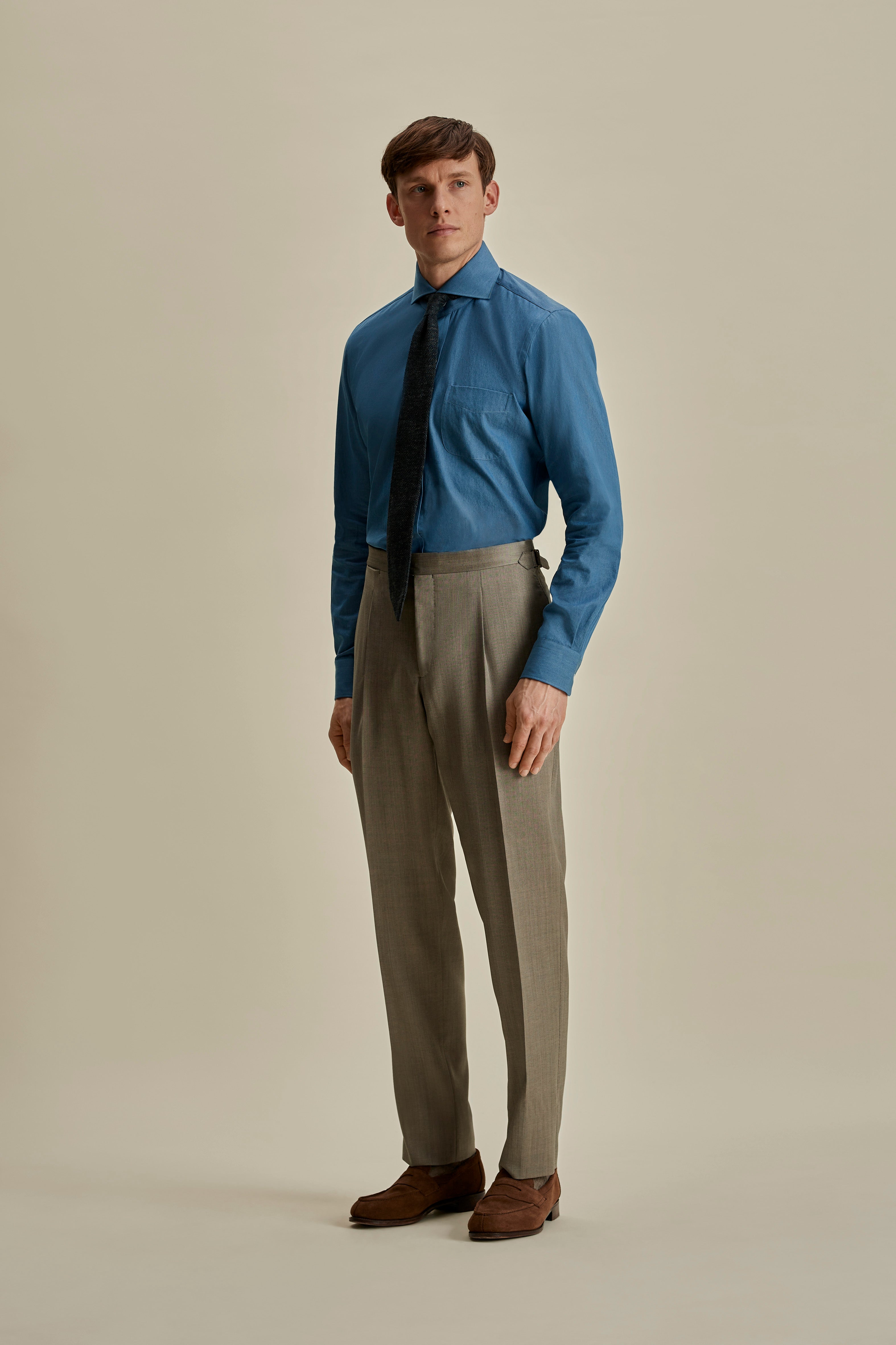 Wool Unstructured Single Breasted Suit Taupe Full Length Trousers Model Image