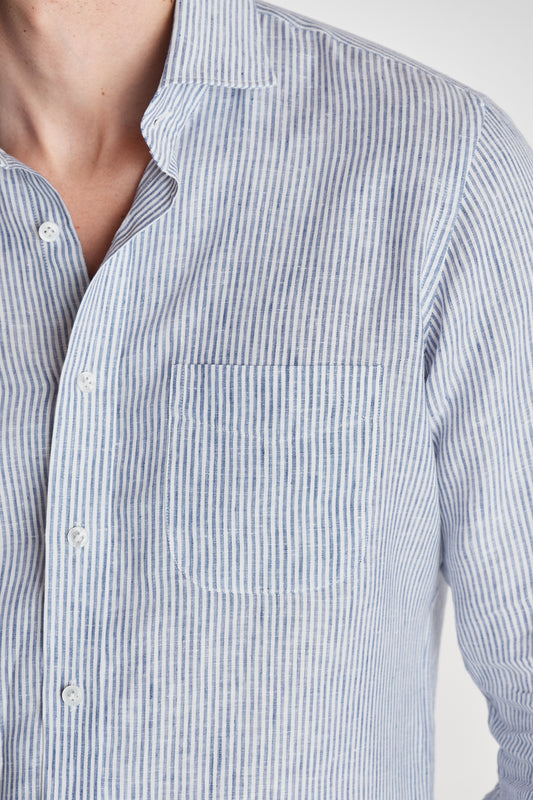 Striped Cutaway Collar Linen Shirt Navy Model Detail Image