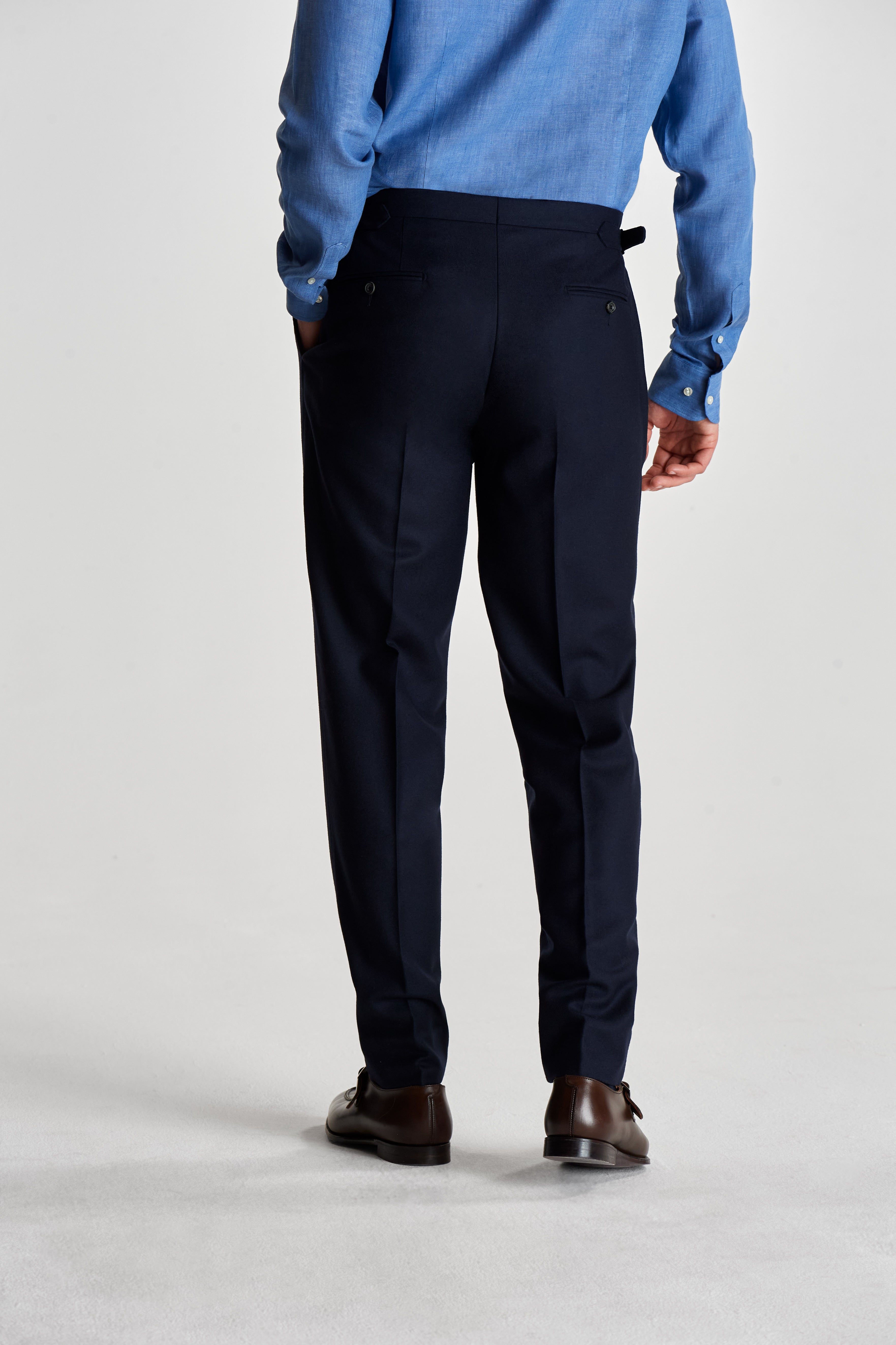 Single Pleat Wool Trousers Navy Back Crop Model Image
