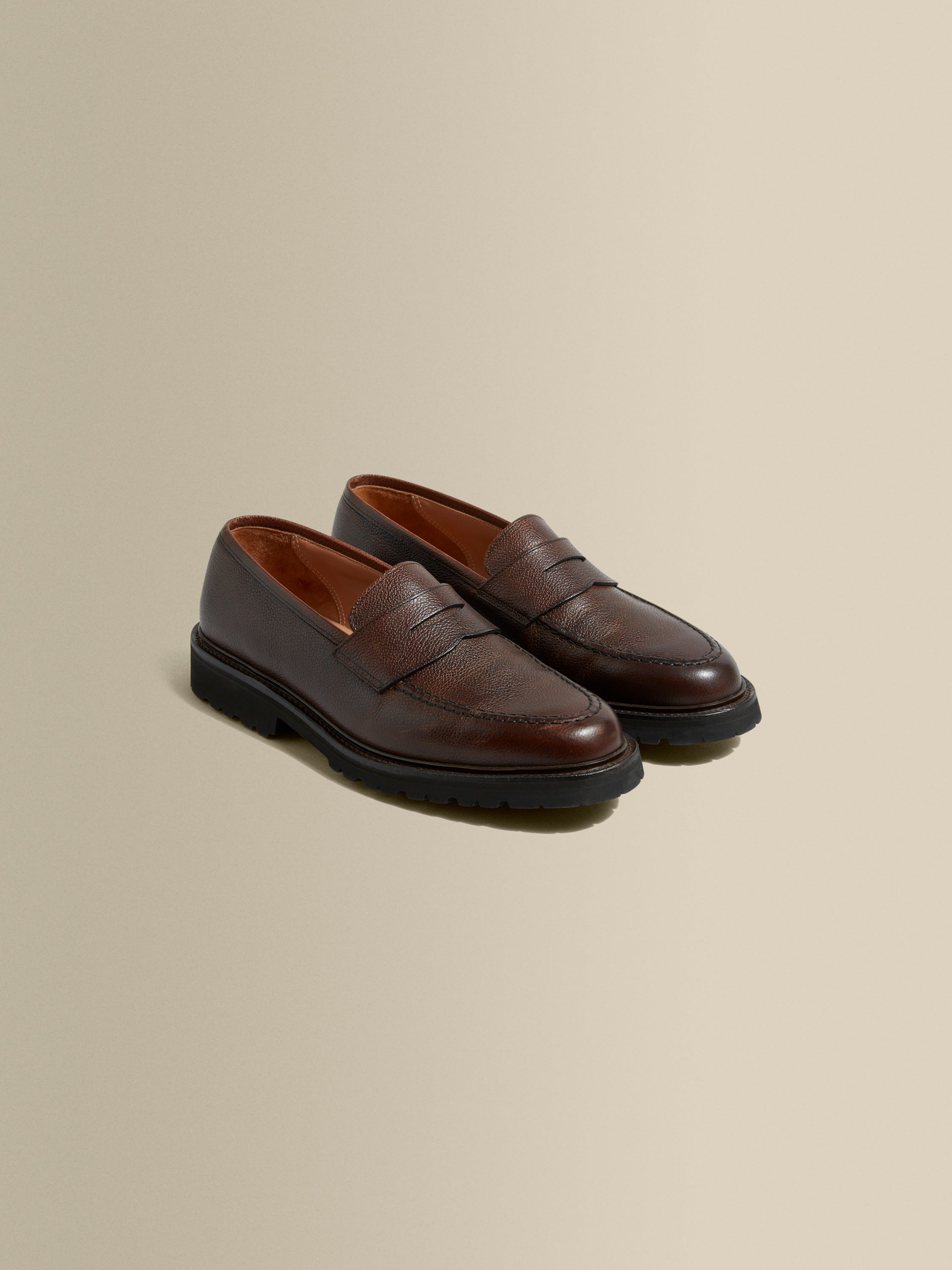 Pebble Grain Leather Penny Loafer Shoes Brown Product Image Pair