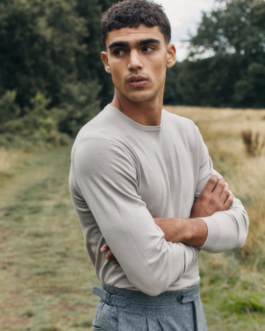 Merino Wool Extrafine Crew Neck Sweater Stone Campaign Image