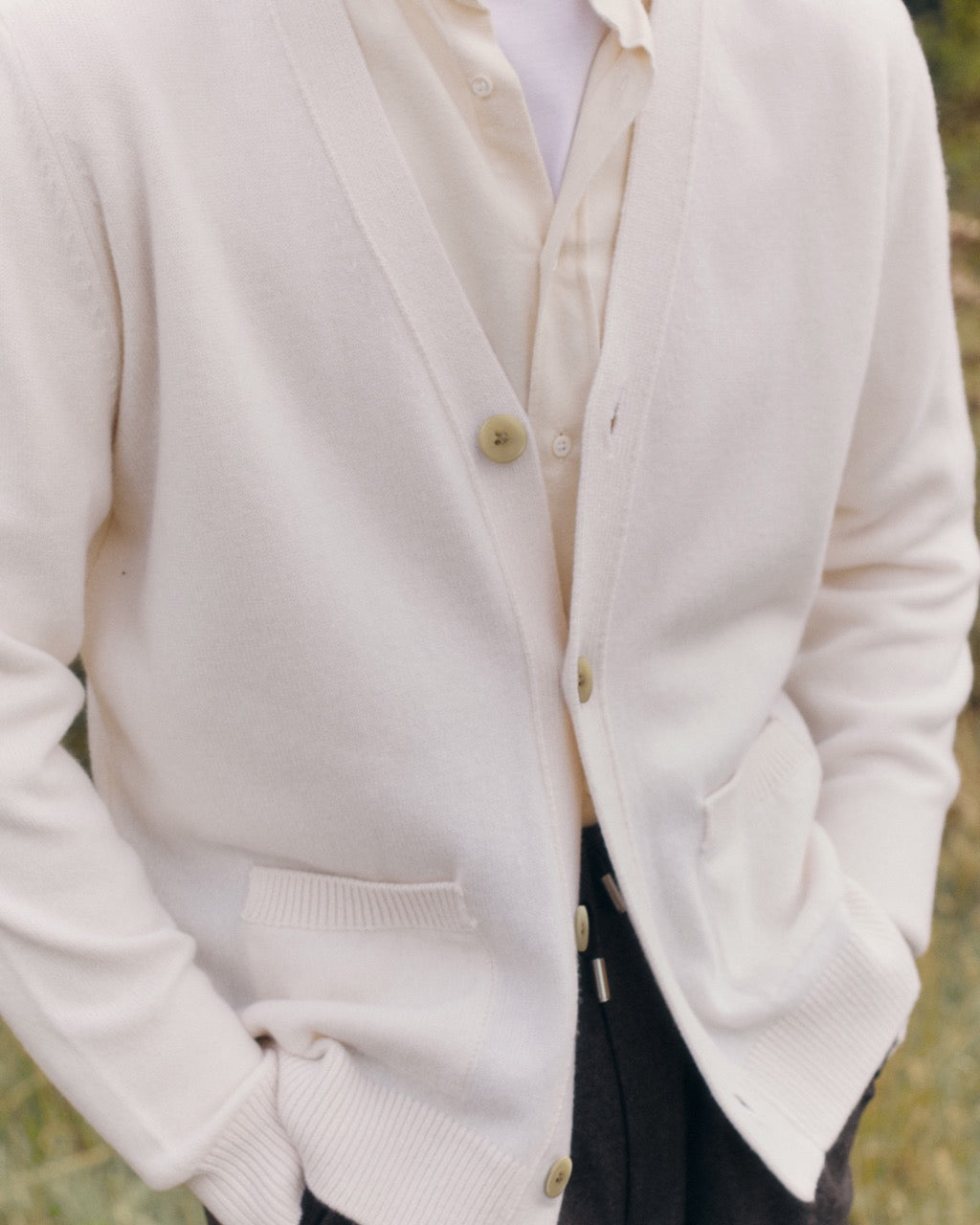 Wool Cashmere Lightweight Cardigan White Campaign Image