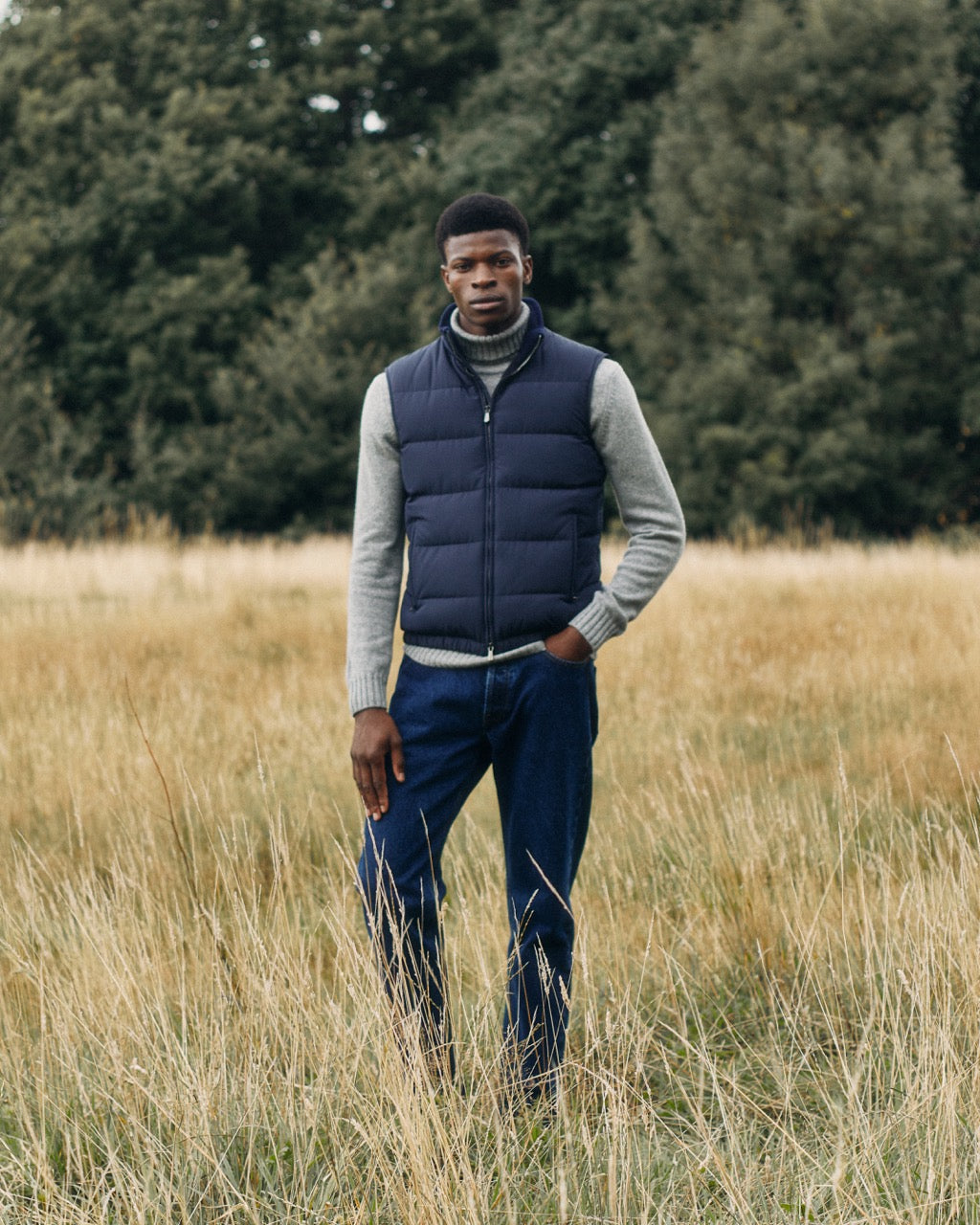 Down Lined Japanese Nylon Gilet Navy Campaign Image