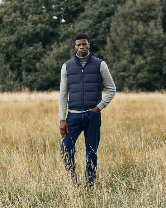 Down Lined Japanese Nylon Gilet Navy Campaign Image