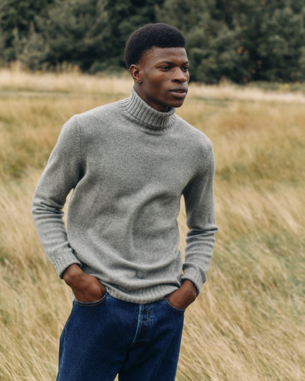 Cashmere Roll Neck Sweater Grey Campaign Image