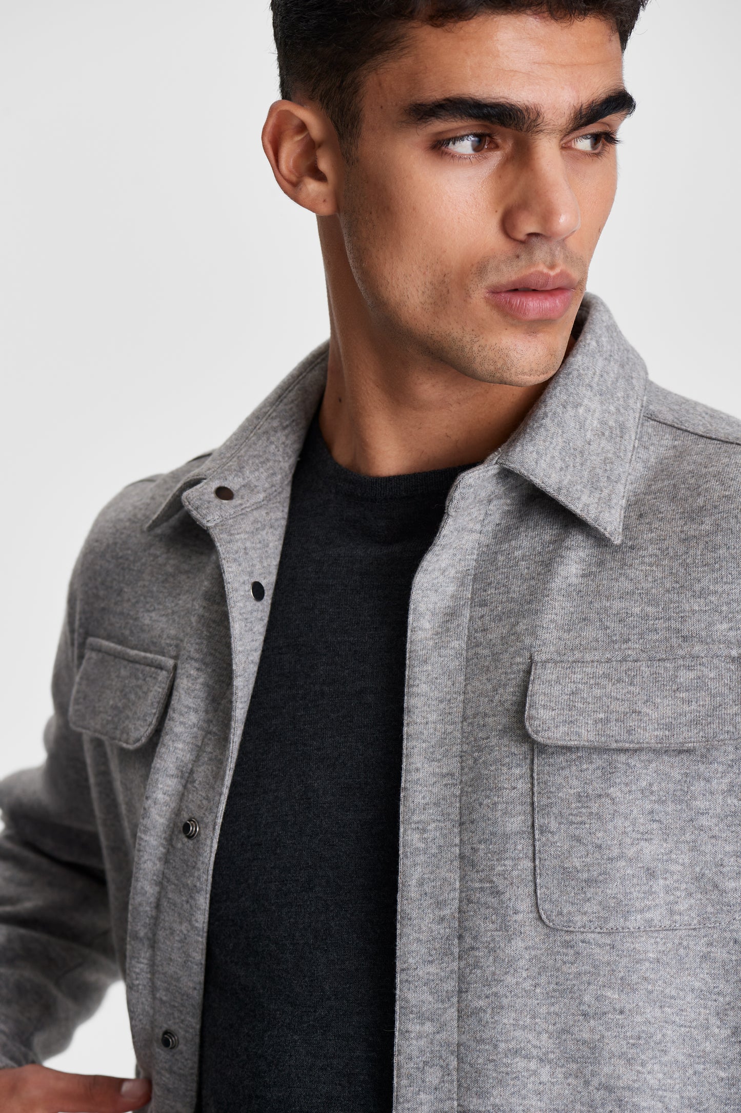 Double Cashmere Chore Jacket Grey Model Neck Image