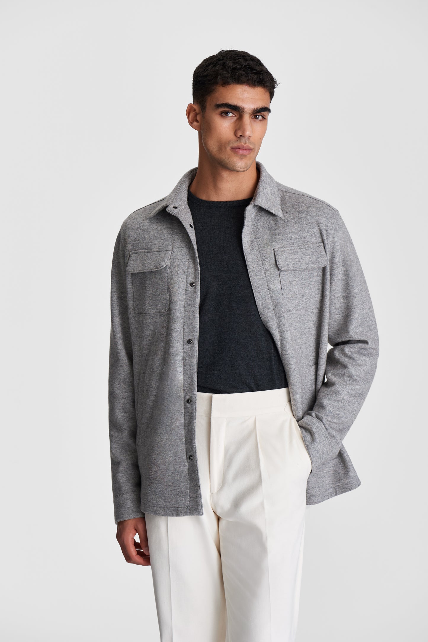 Double Cashmere Chore Jacket Grey Model Cropped Image