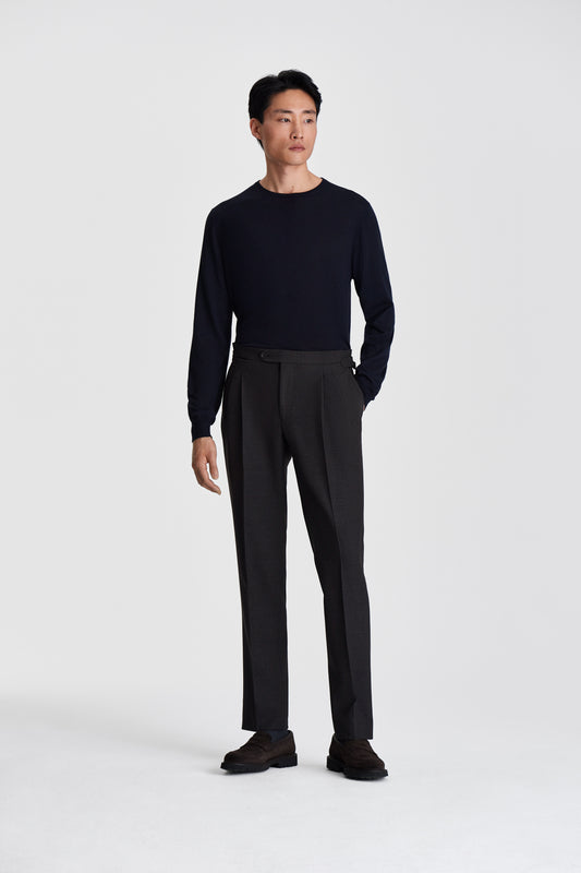 Wool Double Pleat Tailored Trousers Dark Brown Model Image