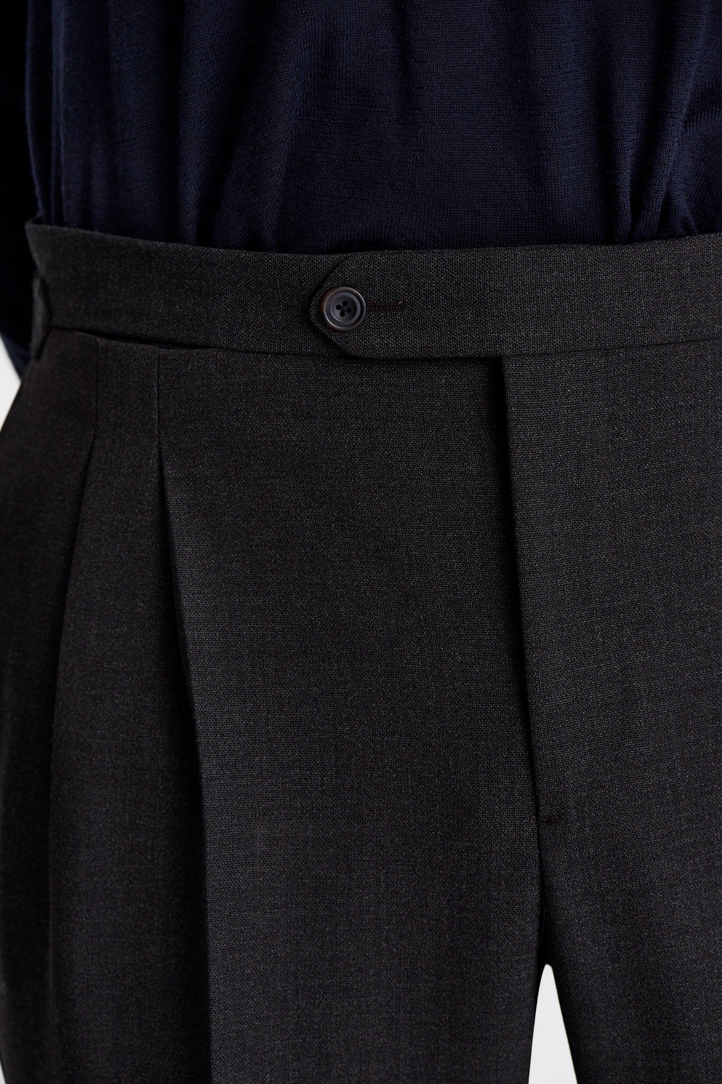Wool Double Pleat Tailored Trousers Dark Brown Model Waist Image