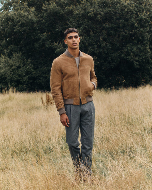 Suede Shearling Baseball Bomber Jacket Brown Campaign Image