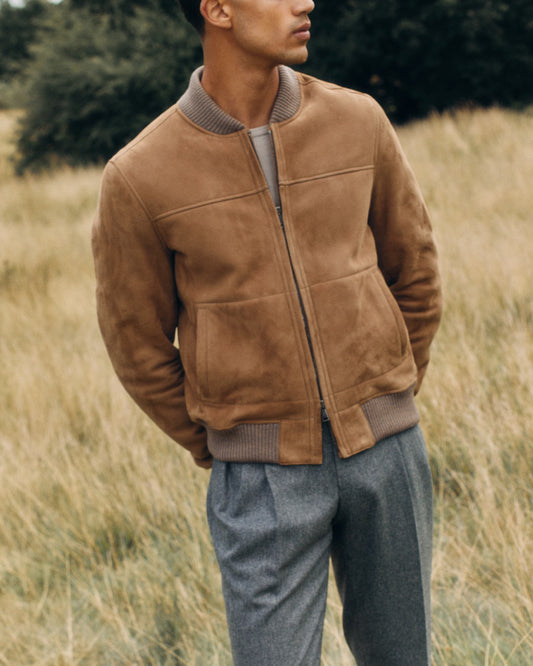 Suede Shearling Baseball Bomber Jacket Brown Campaign Image